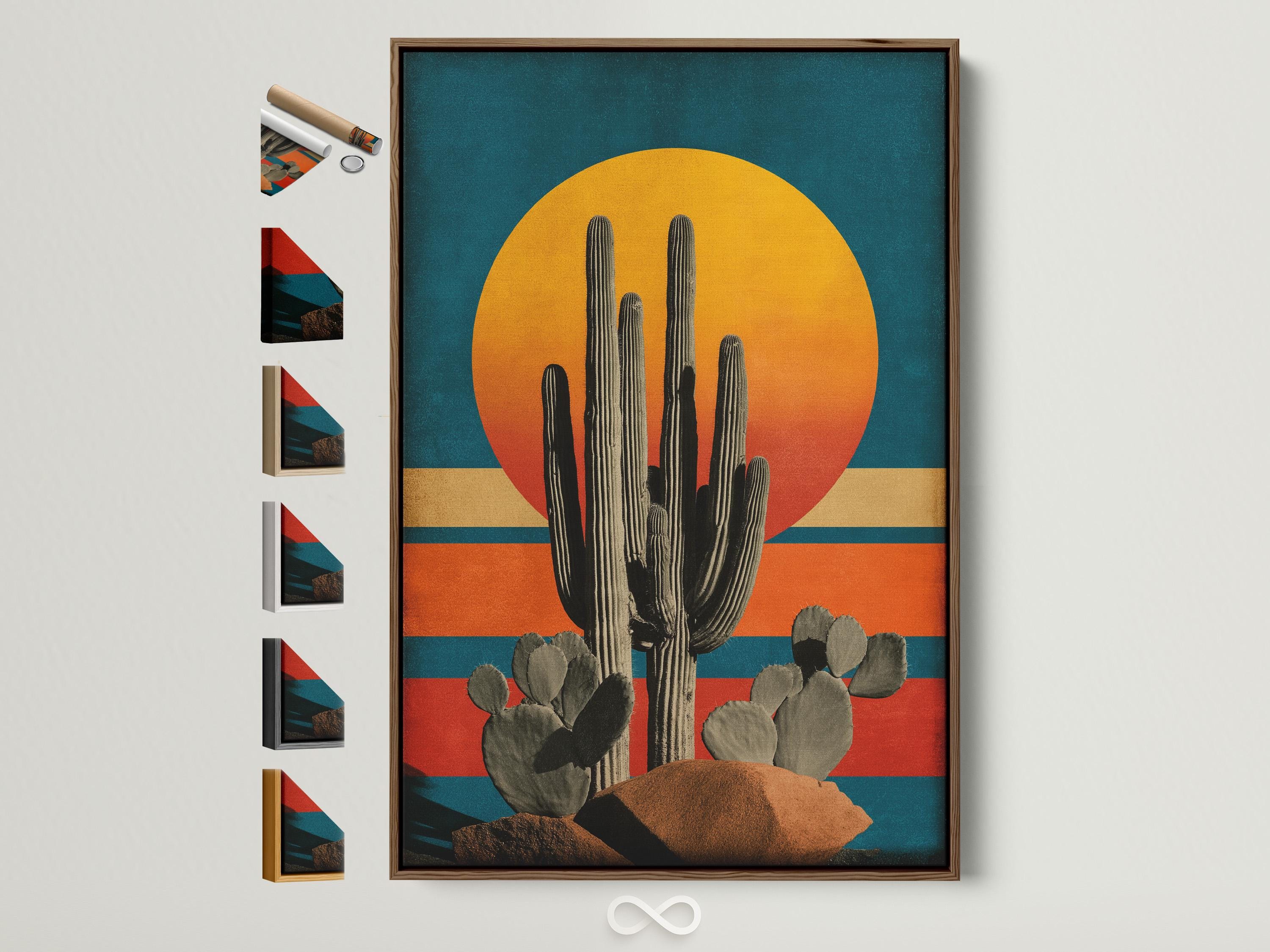 Illustration of a tall cactus with rounded pads beneath a large golden sun over teal and terracotta stripes detail view