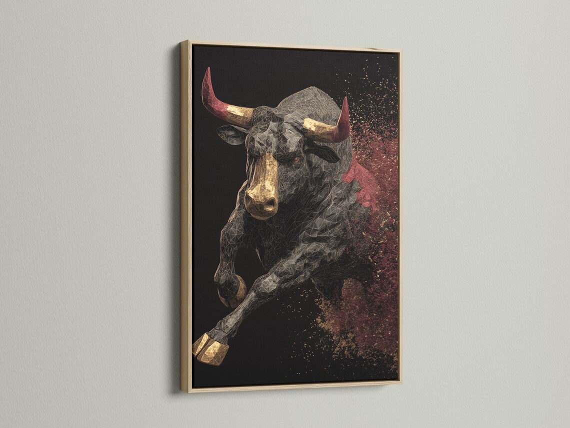 A geometric bull portrait in gold, black and grey sits against a dark background, with red horn accents and a sparkling speckled sky on the right