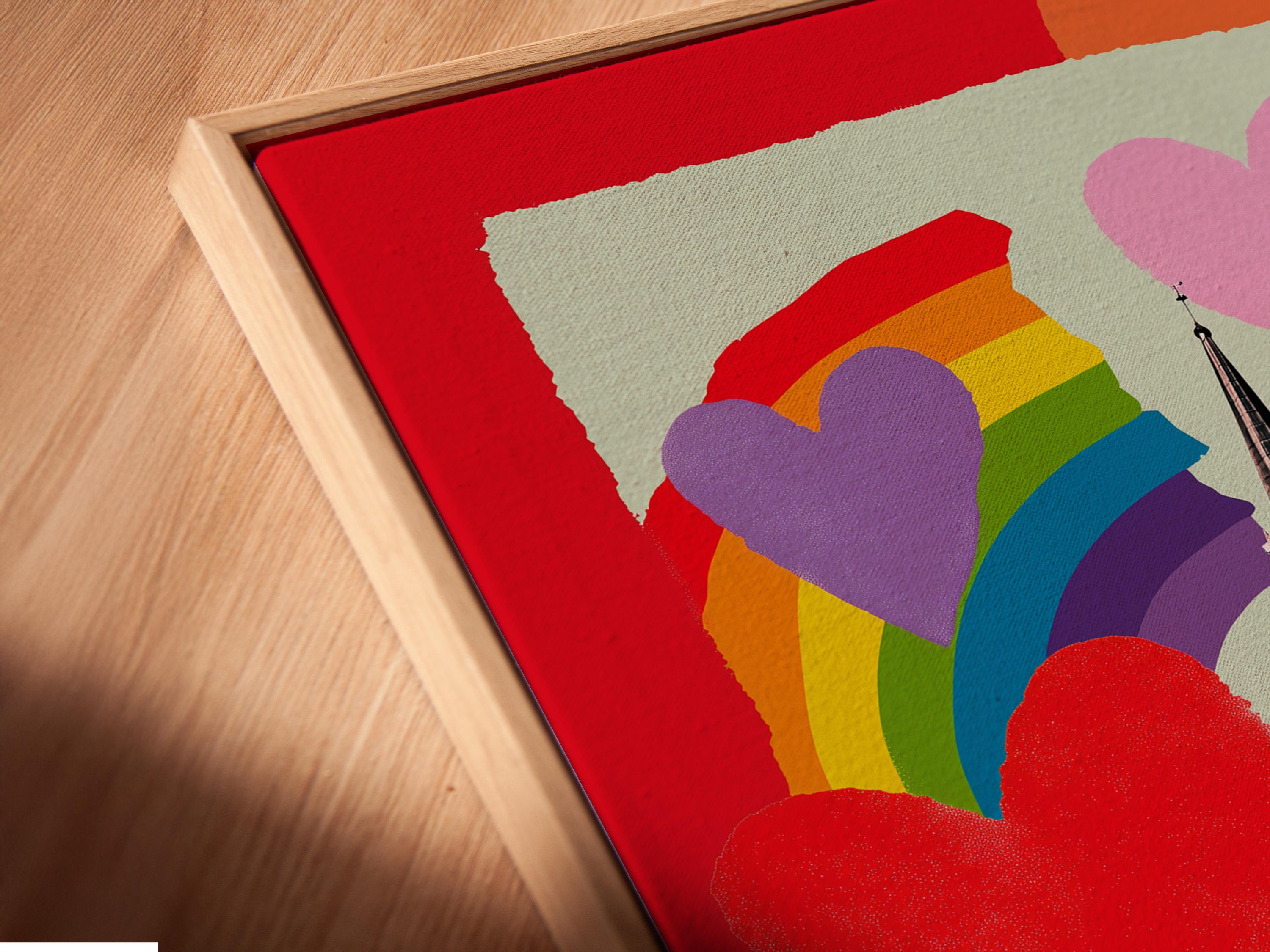 Rainbow hearts church artwork with a rainbow arch and colourful heart shapes detail view