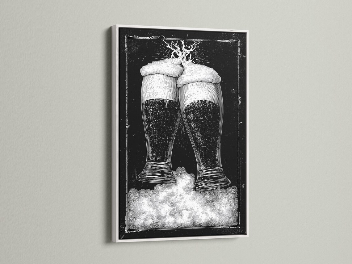Monochrome illustration of two clinking beer glasses with foamy heads on a dark speckled background detail view