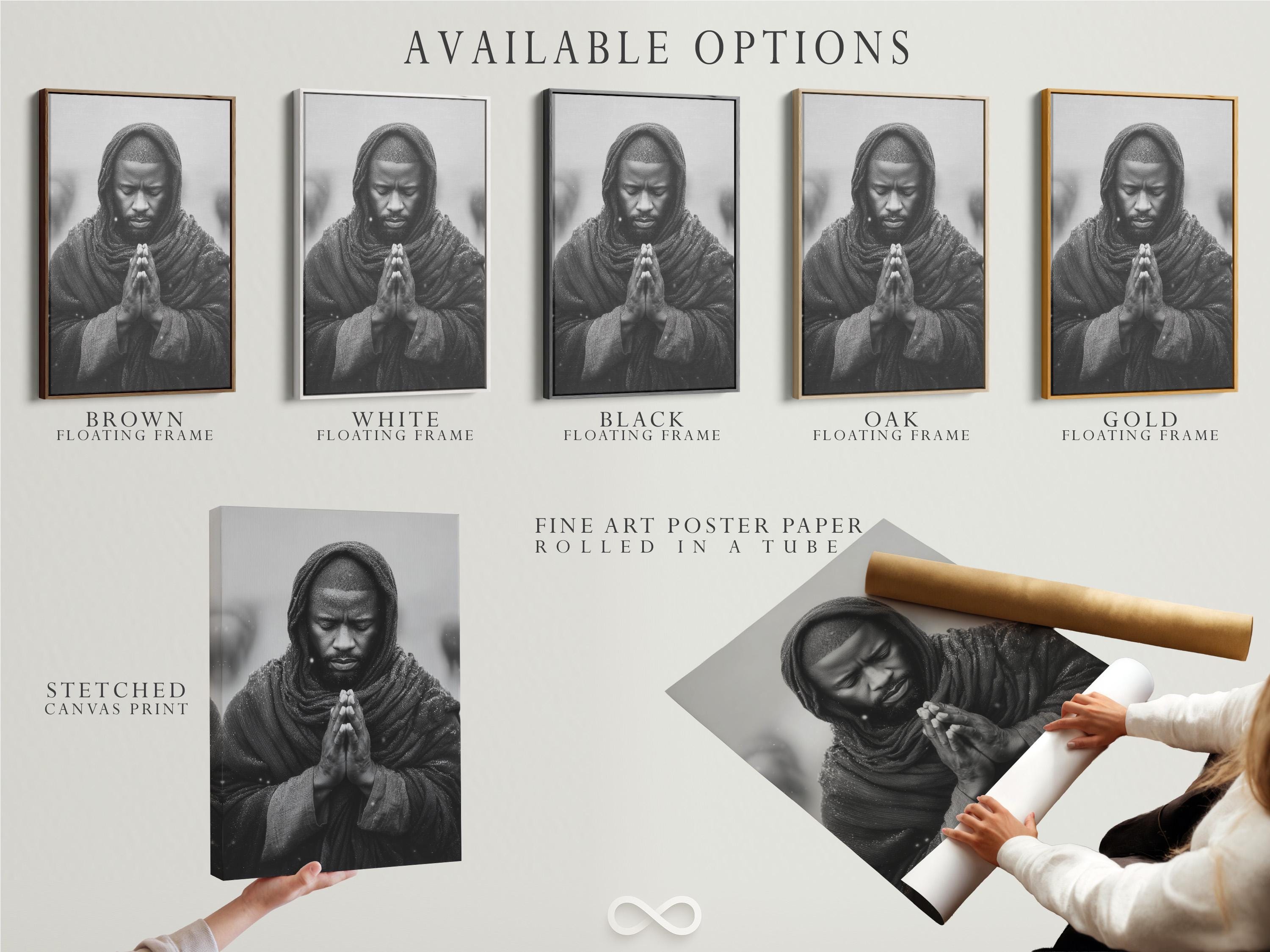 Room mockup showing a framed monochrome praying man portrait on a light background