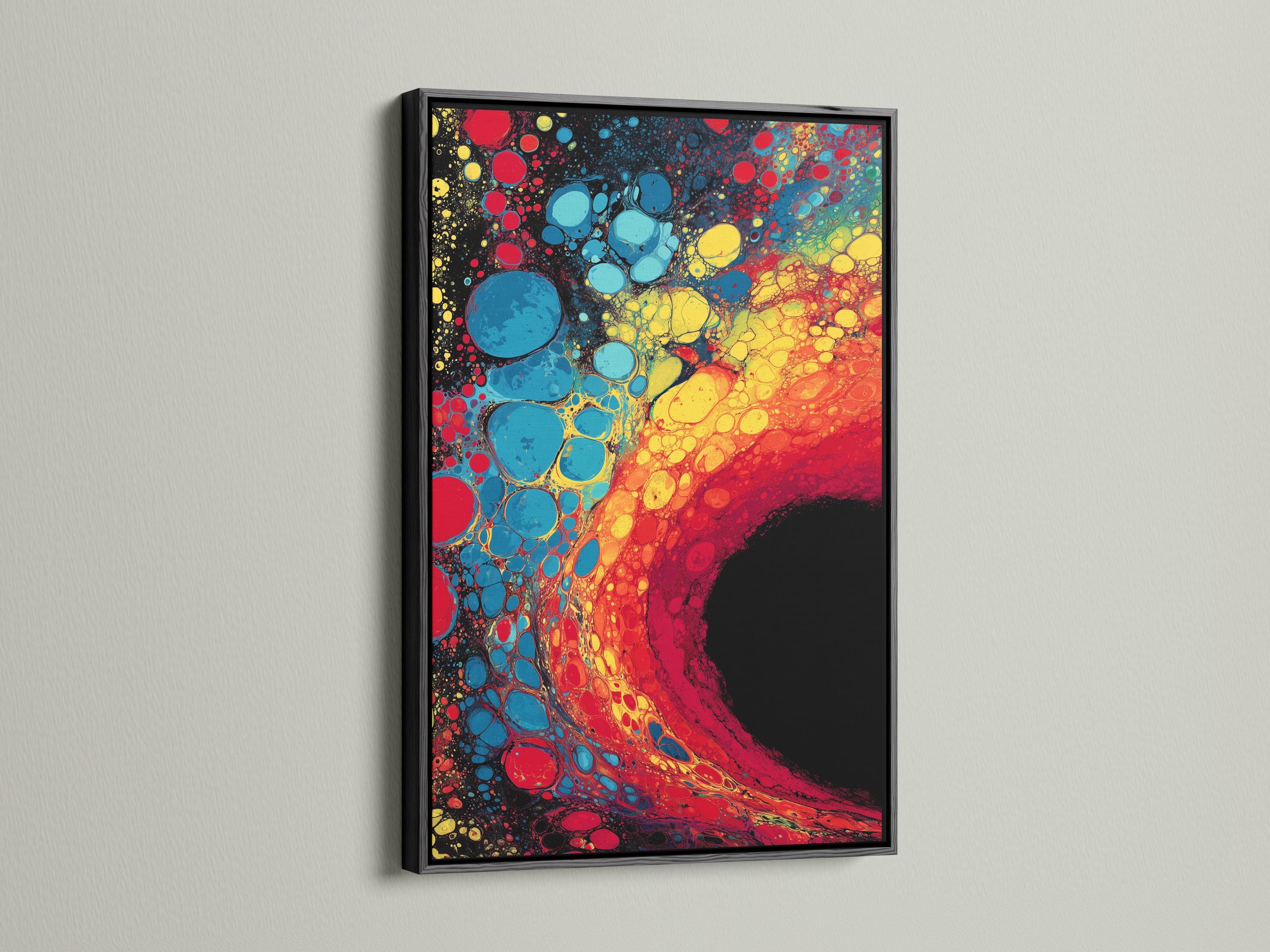 Fluid abstract artwork with red, blue and yellow bubble-like circles on a dark background detail view