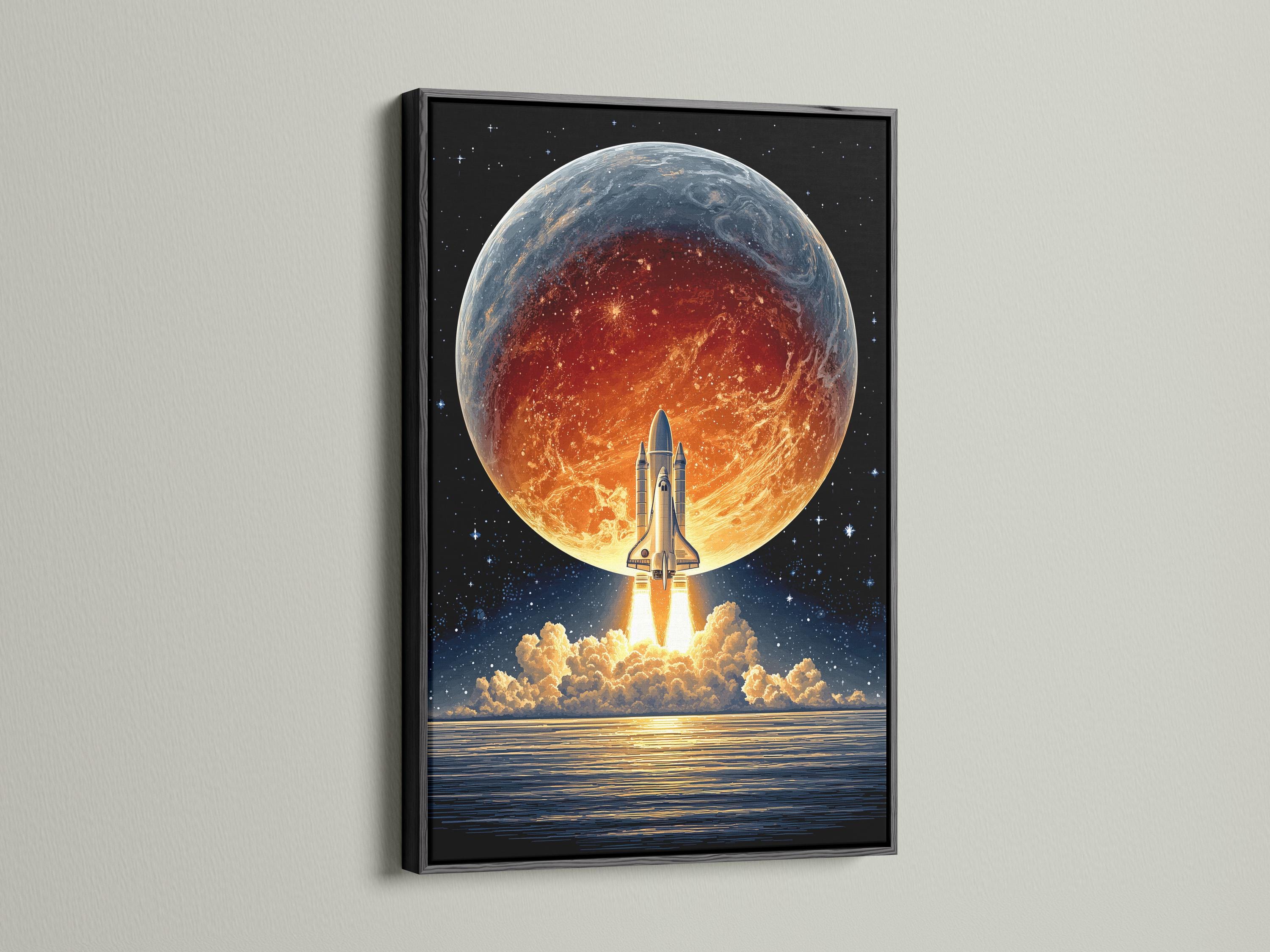 Room mockup showing a framed retro sci-fi rocket launch artwork on a wall