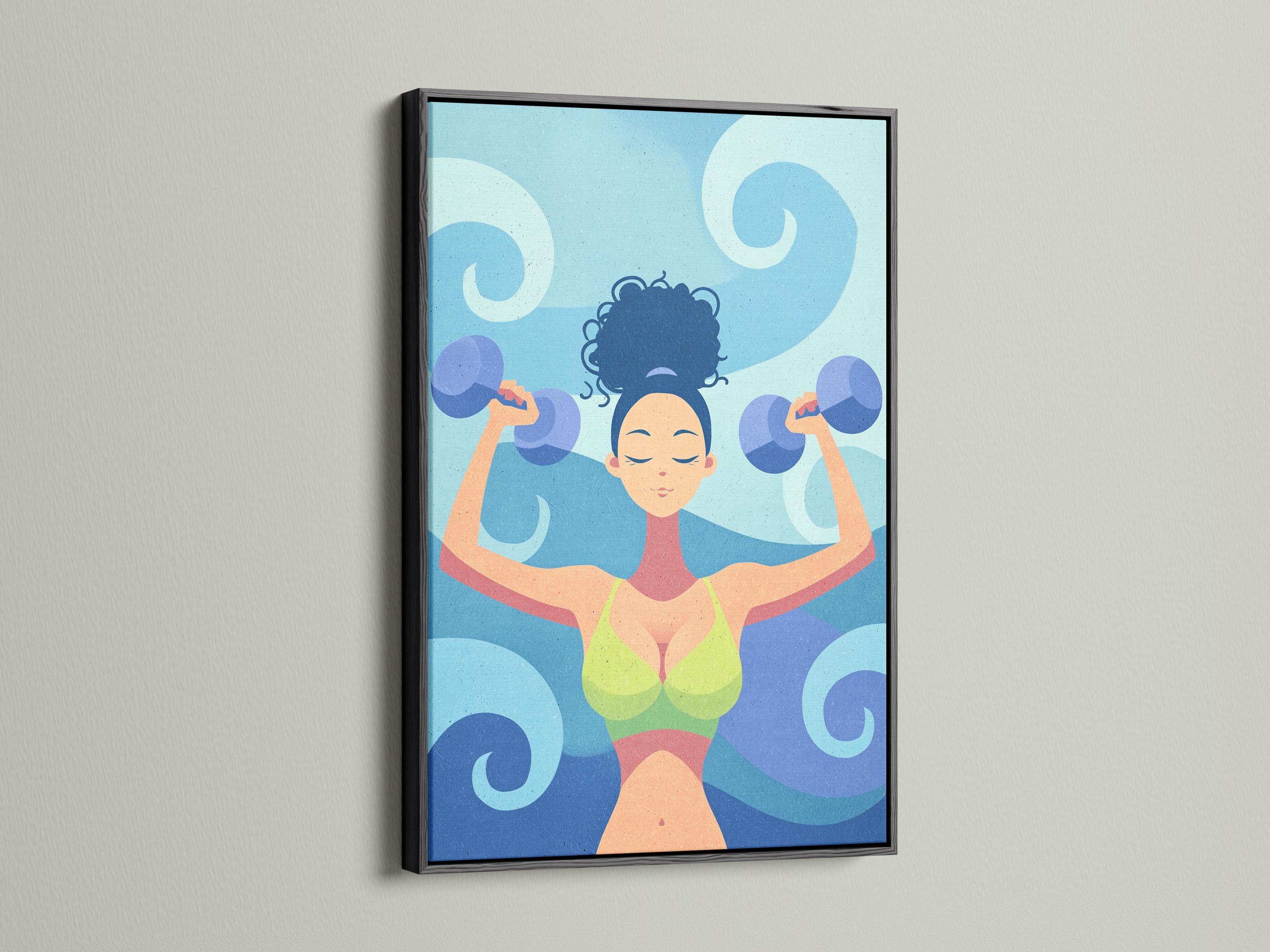 Stylised fitness woman lifting dumbbells overhead against a swirling blue background detail view