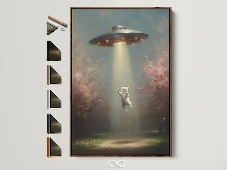 Surreal night scene of a floating white cat under a glowing UFO beam, with misty clouds and bird silhouettes