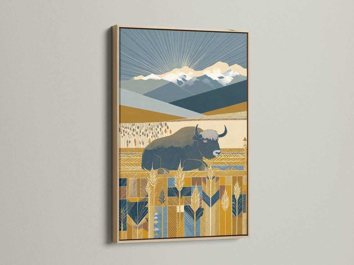 Stylised yak in ochre and navy blue mountain landscape with radiating line rays and wheat-like plants detail view
