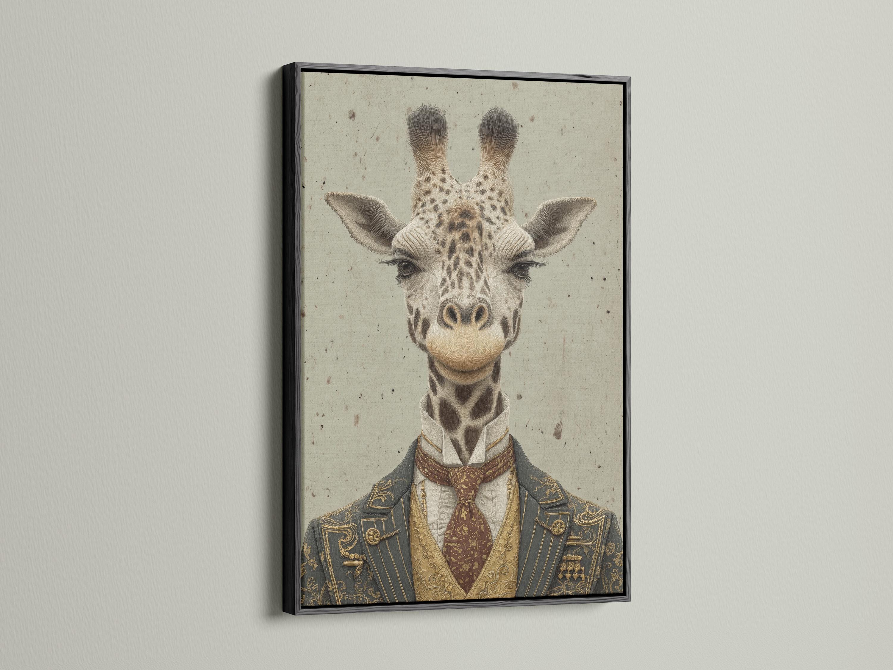 Vintage-style giraffe portrait wearing a formal suit, with antique gold and deep maroon details detail view