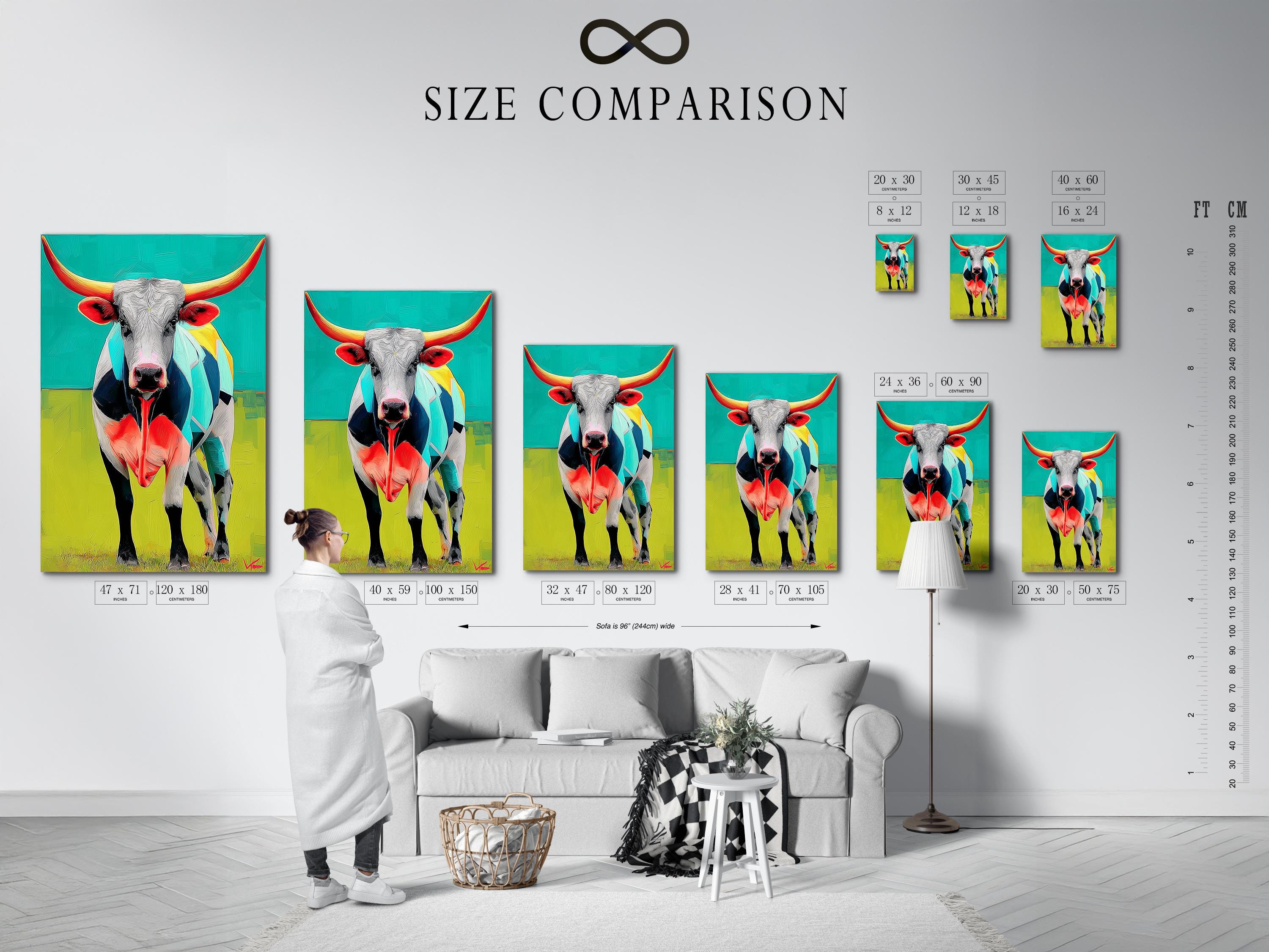 Room mockup with a framed longhorn steer artwork on a wall above a green upholstered sofa and dining table
