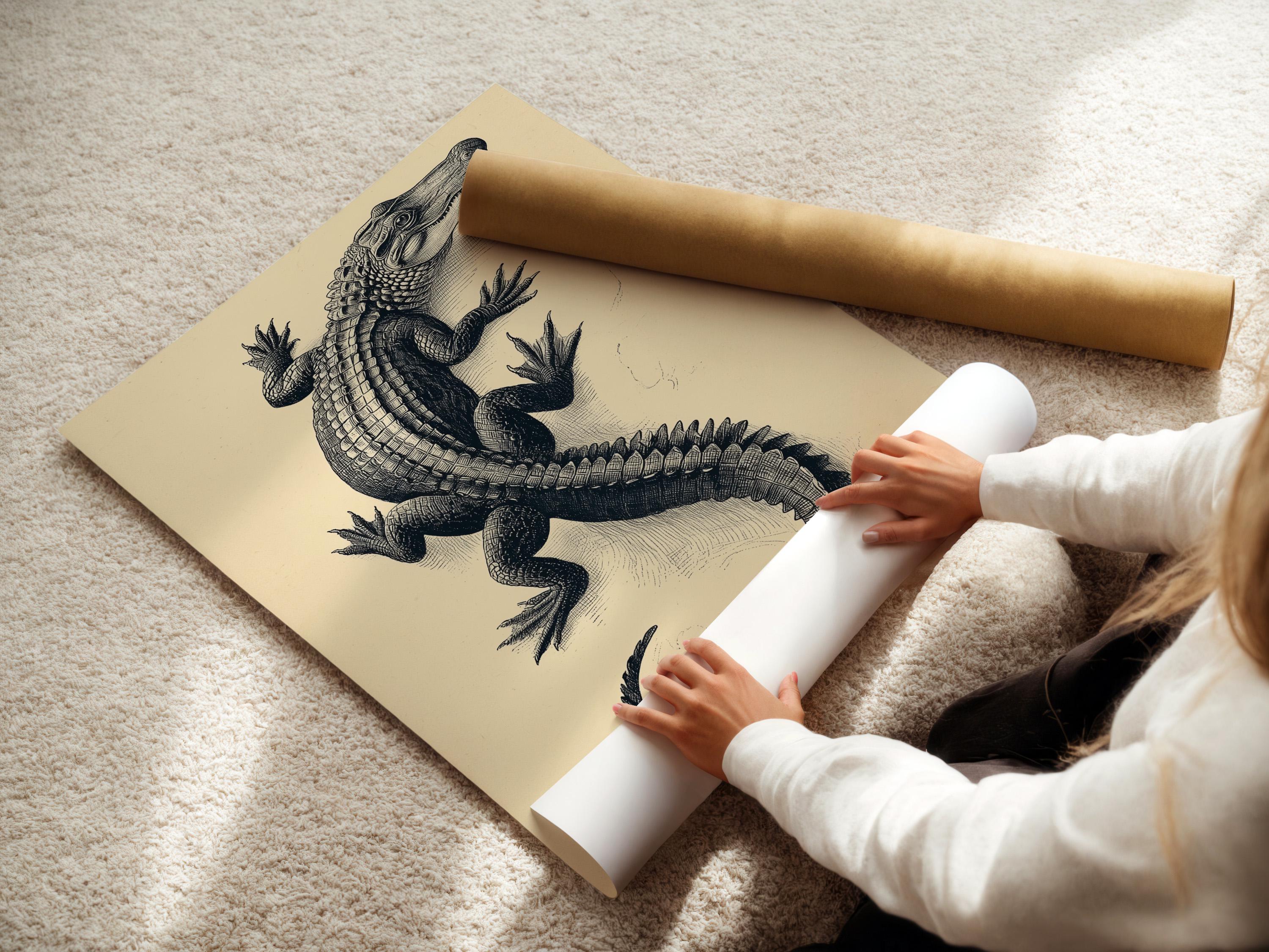 Room mockup showing framed alligator illustration above a wooden desk