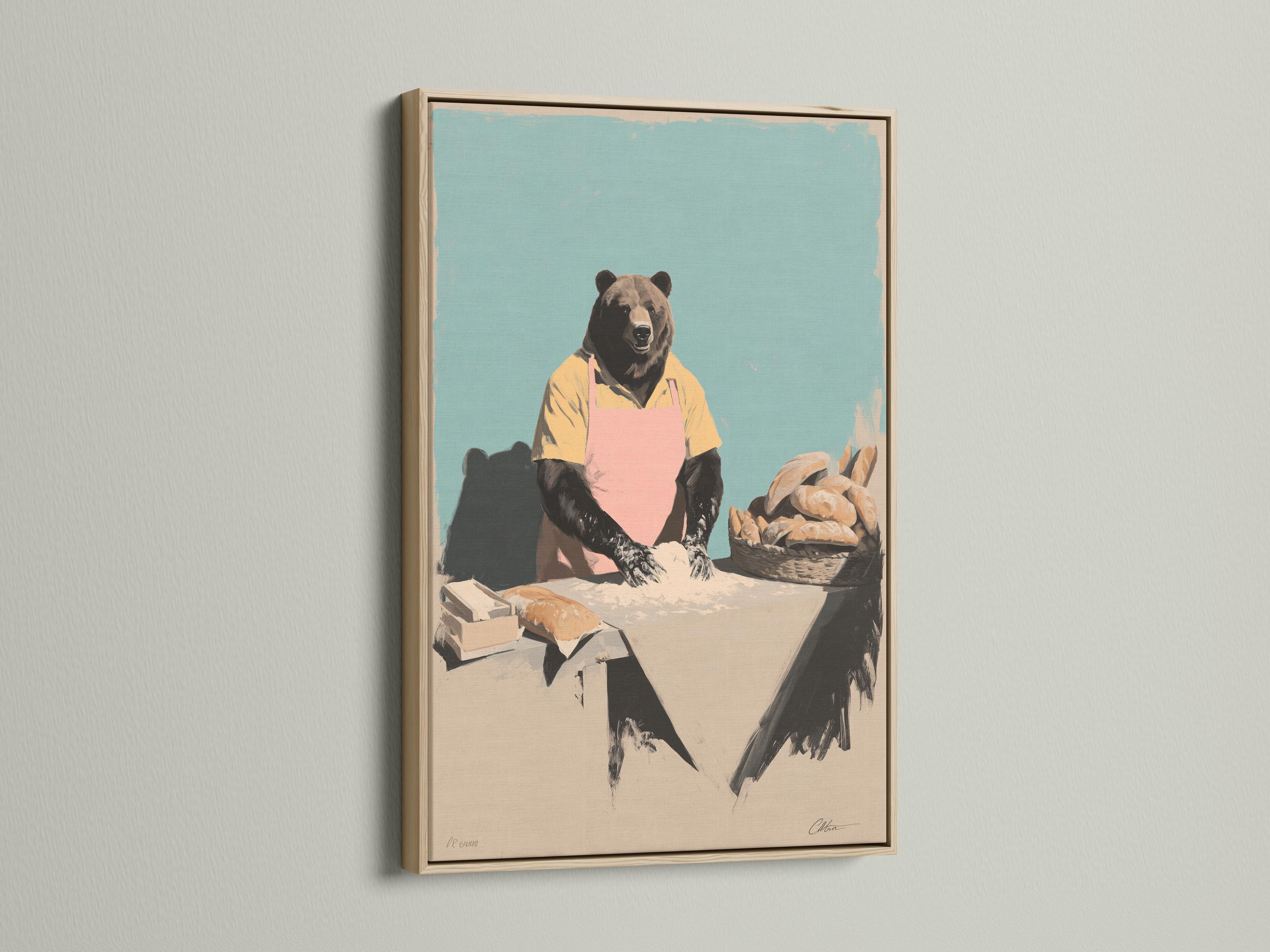 Bear chef illustration wearing a pink apron behind a counter with bread on a teal background detail view