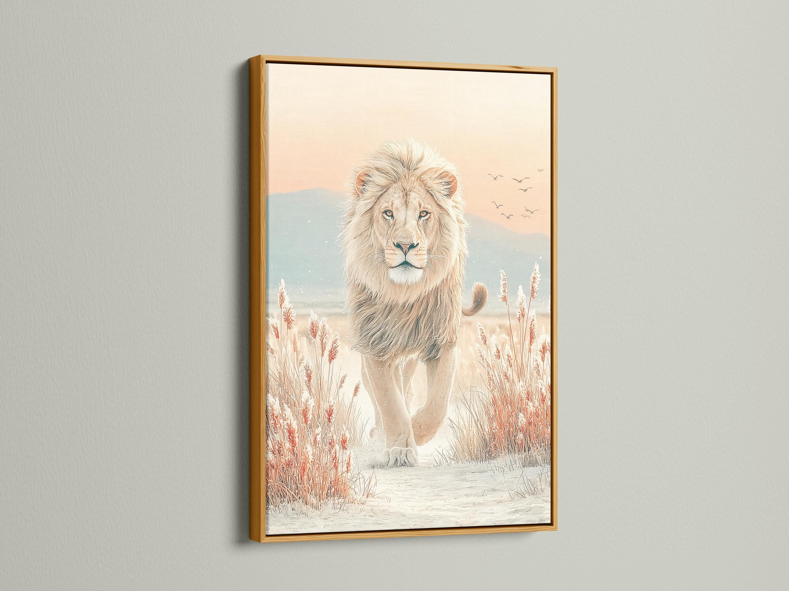 Neutral lion standing in a soft savannah scene with reeds, hills and small birds detail view
