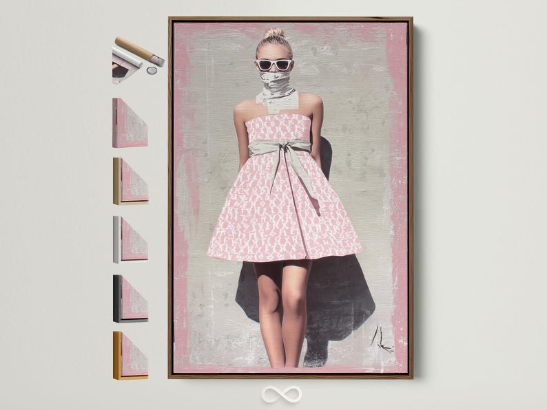 Stylised woman in a pink patterned dress with dark sunglasses against a textured pink and cream background