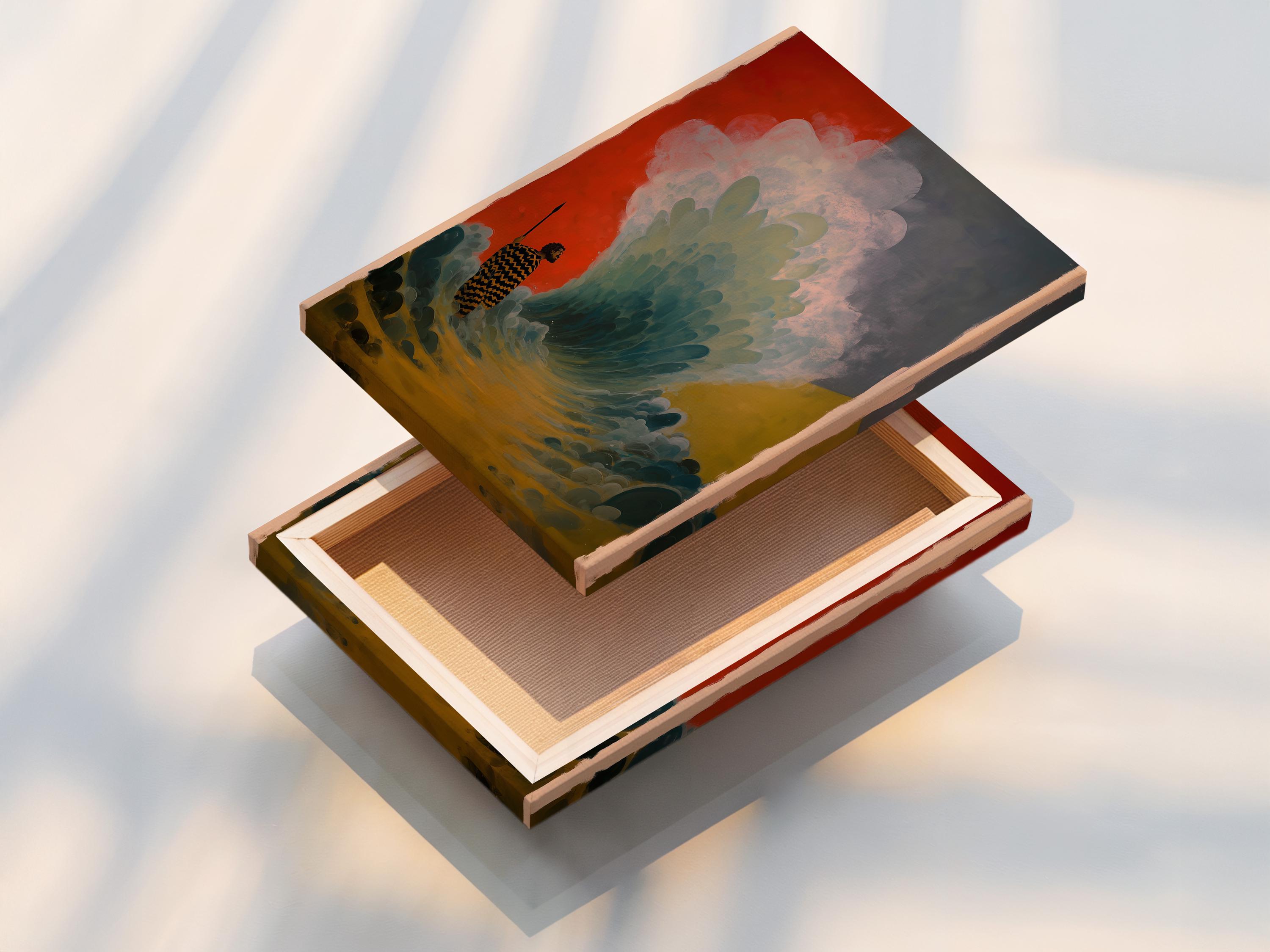 Room mockup with a portrait framed artwork featuring a patterned figure holding a staff in teal and terracotta tones