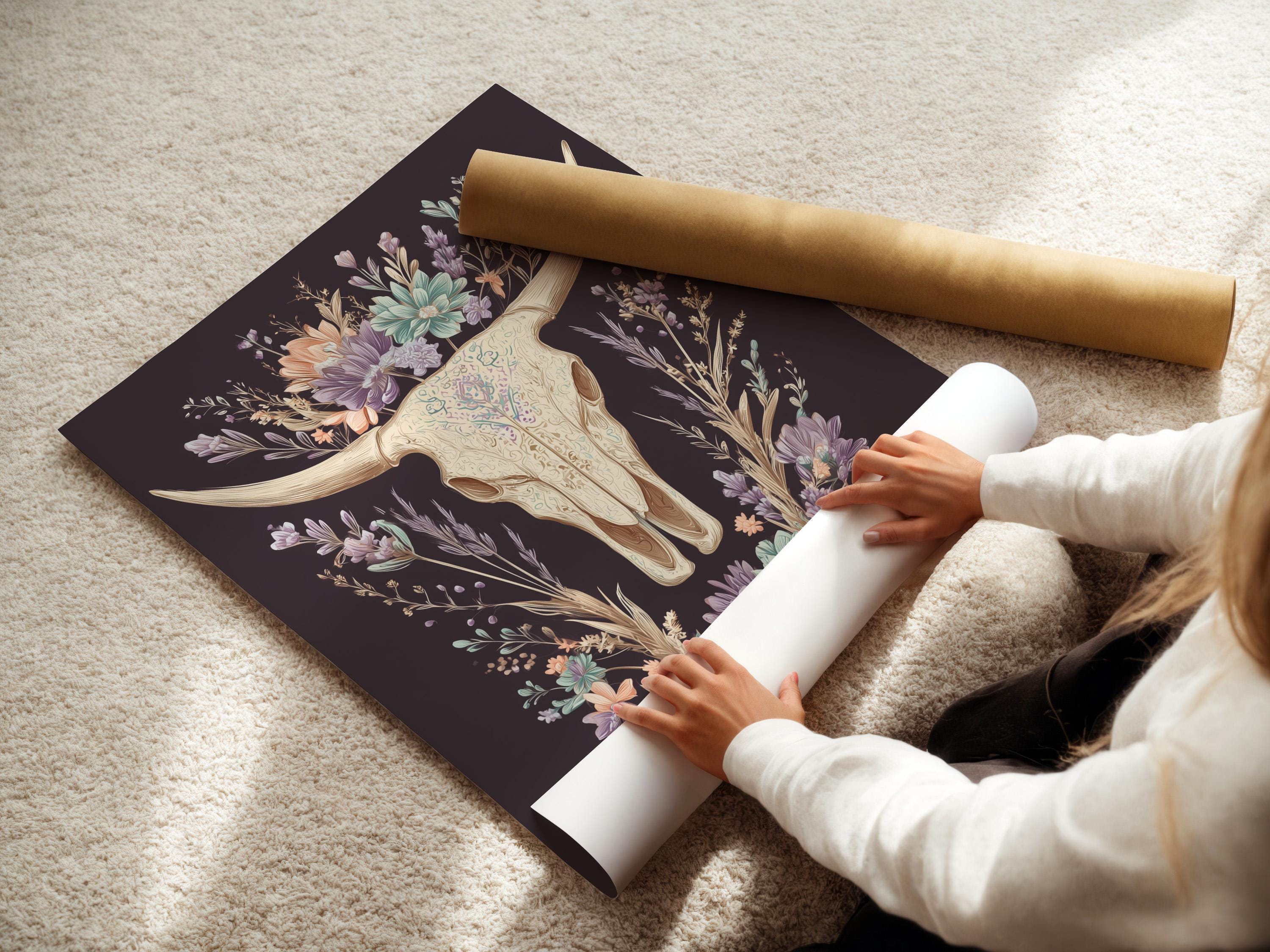 Bull skull illustration surrounded by a wreath of pastel wildflowers on a dark mauve background detail view