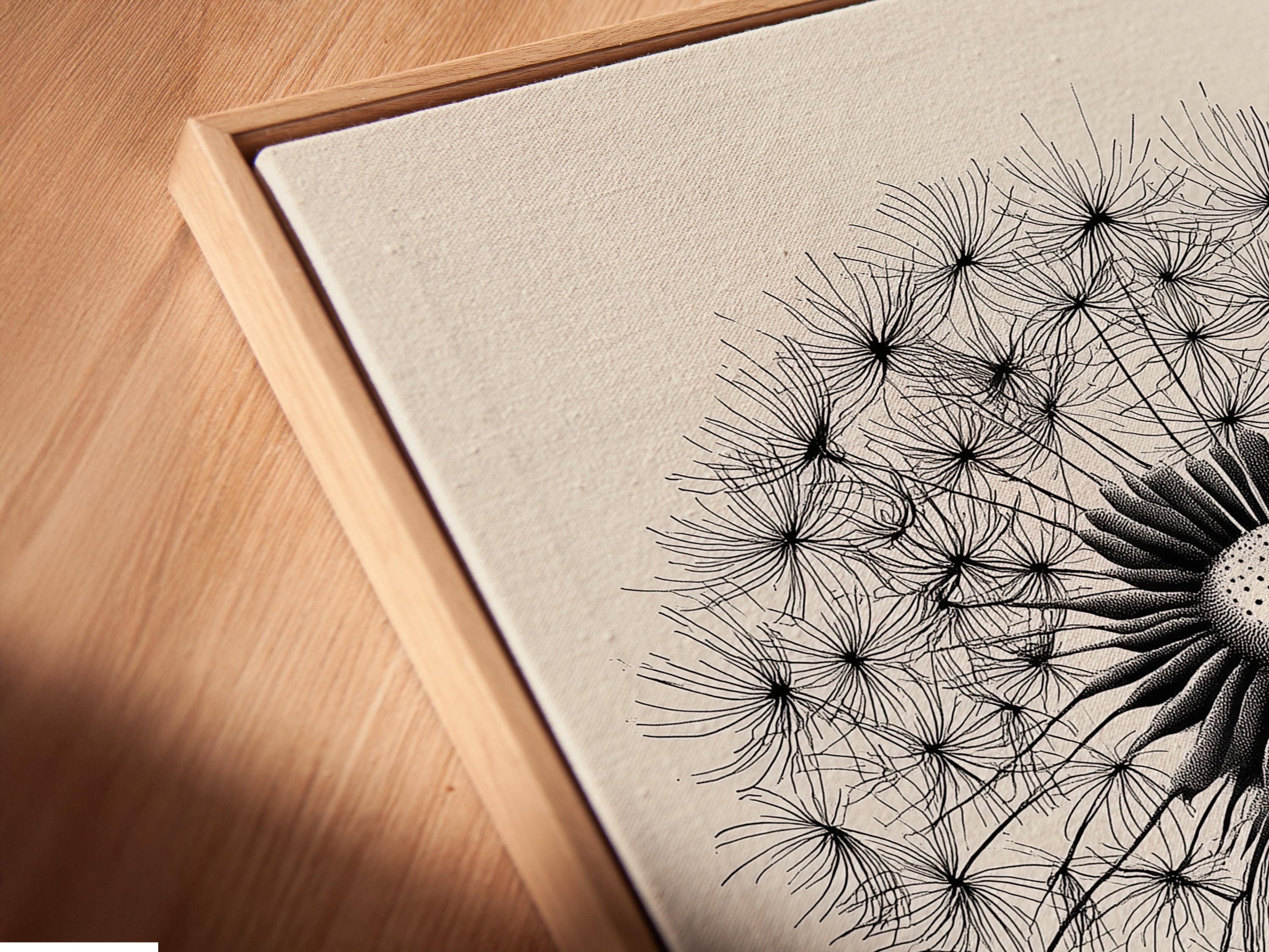 Minimalist black and white dandelion line illustration on a light background detail view