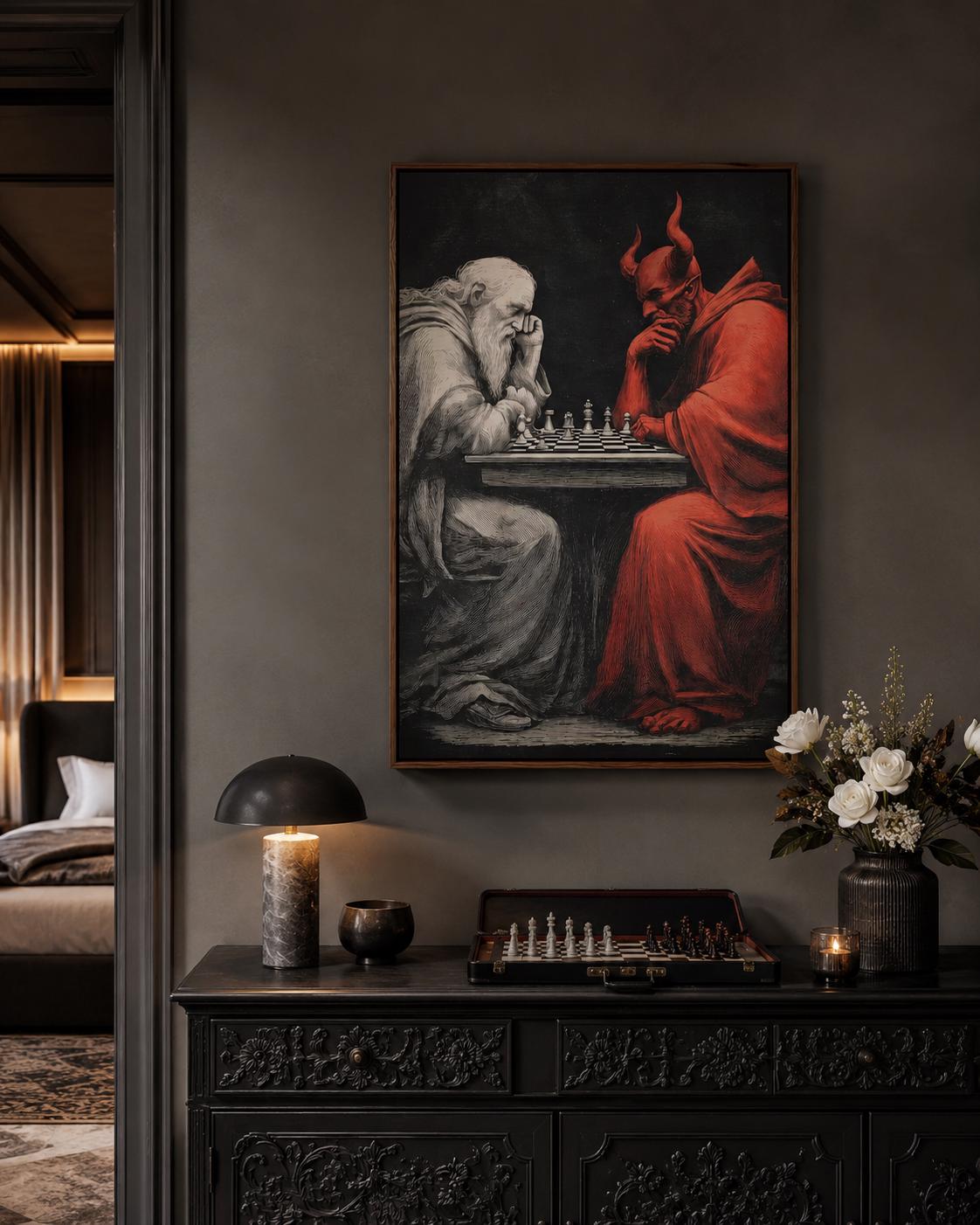 Chess duel scene with a pale angel-like figure facing a red horned devil over chess pieces detail view