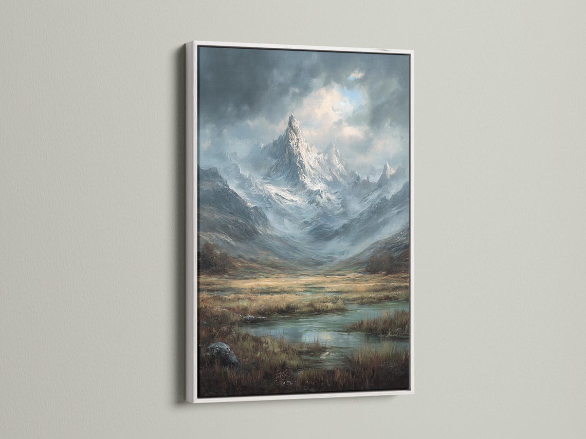 Room mockup showing a framed mountain landscape artwork on a wall
