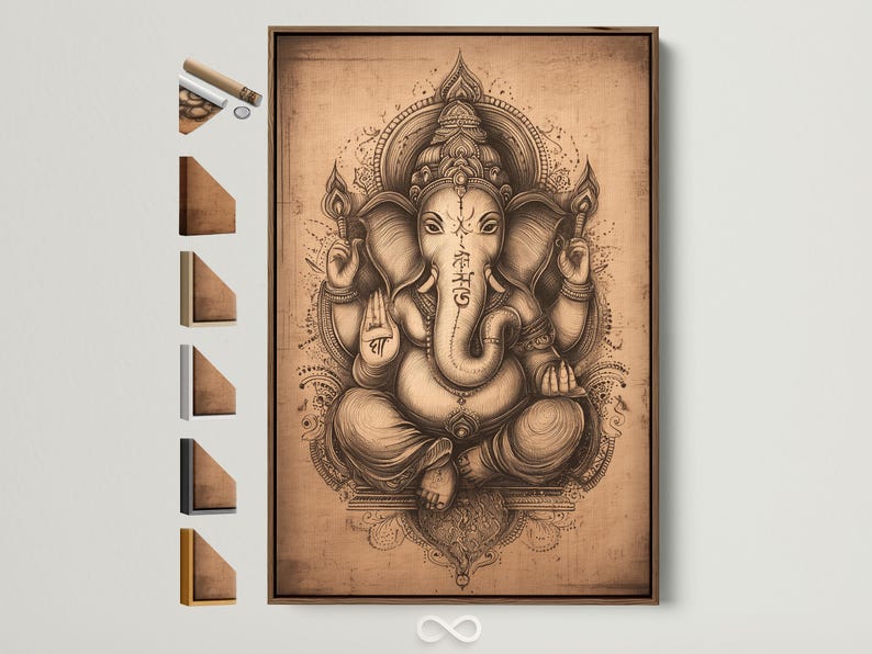 Vintage elephant-headed deity illustration with ornate halo on a beige background