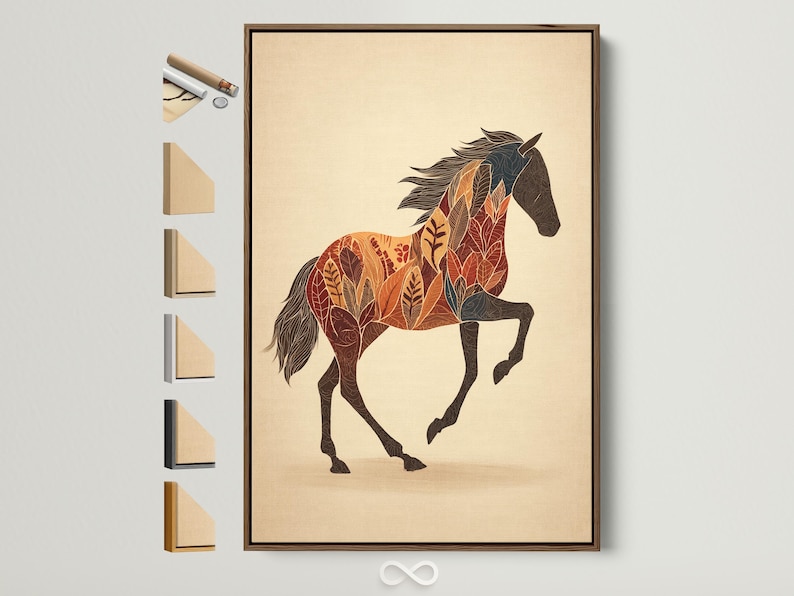 Stylised horse silhouette filled with botanical leaf patterns in warm terracotta and deep brown