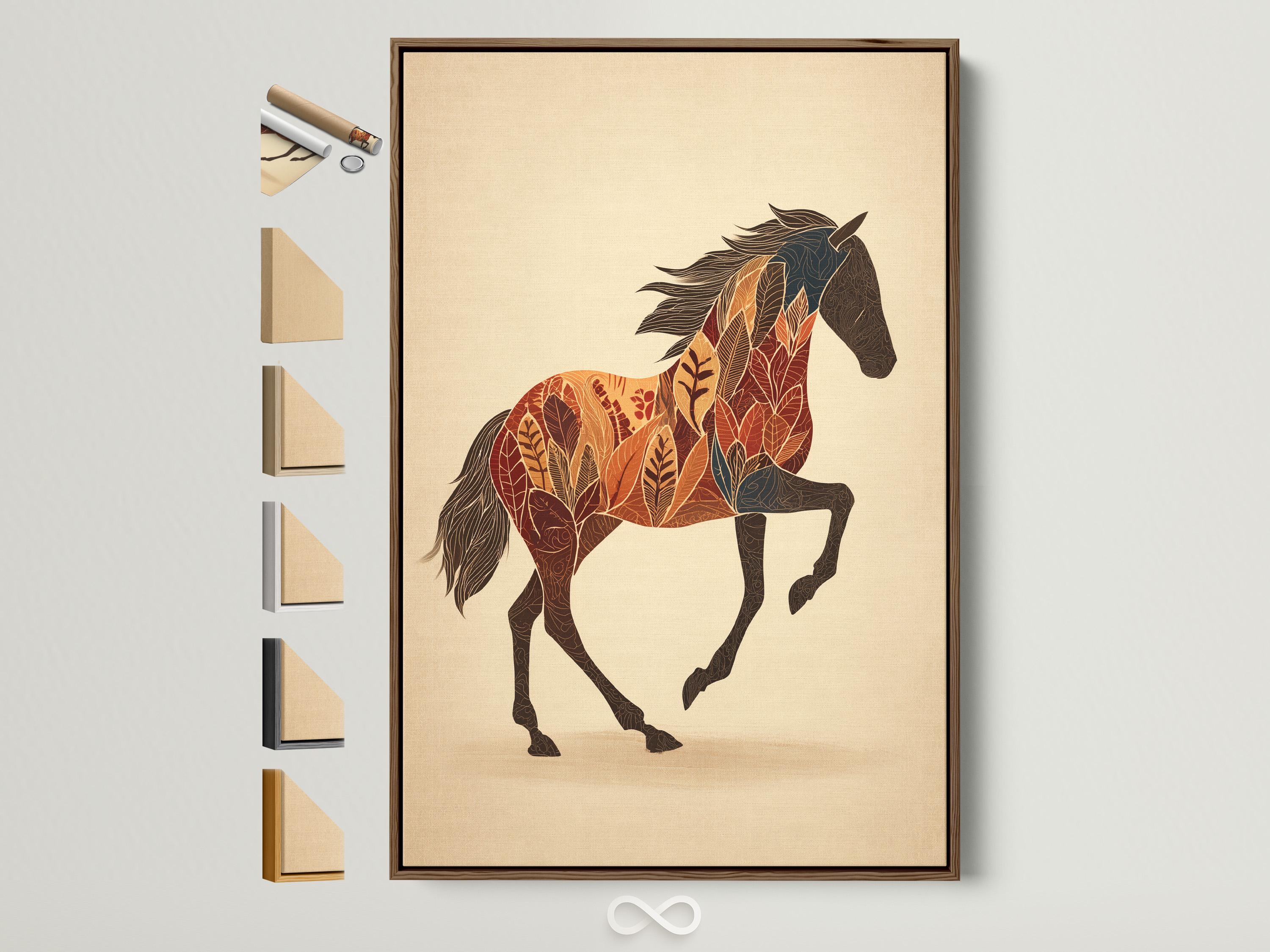 Stylised horse silhouette filled with botanical leaf patterns in warm terracotta and deep brown