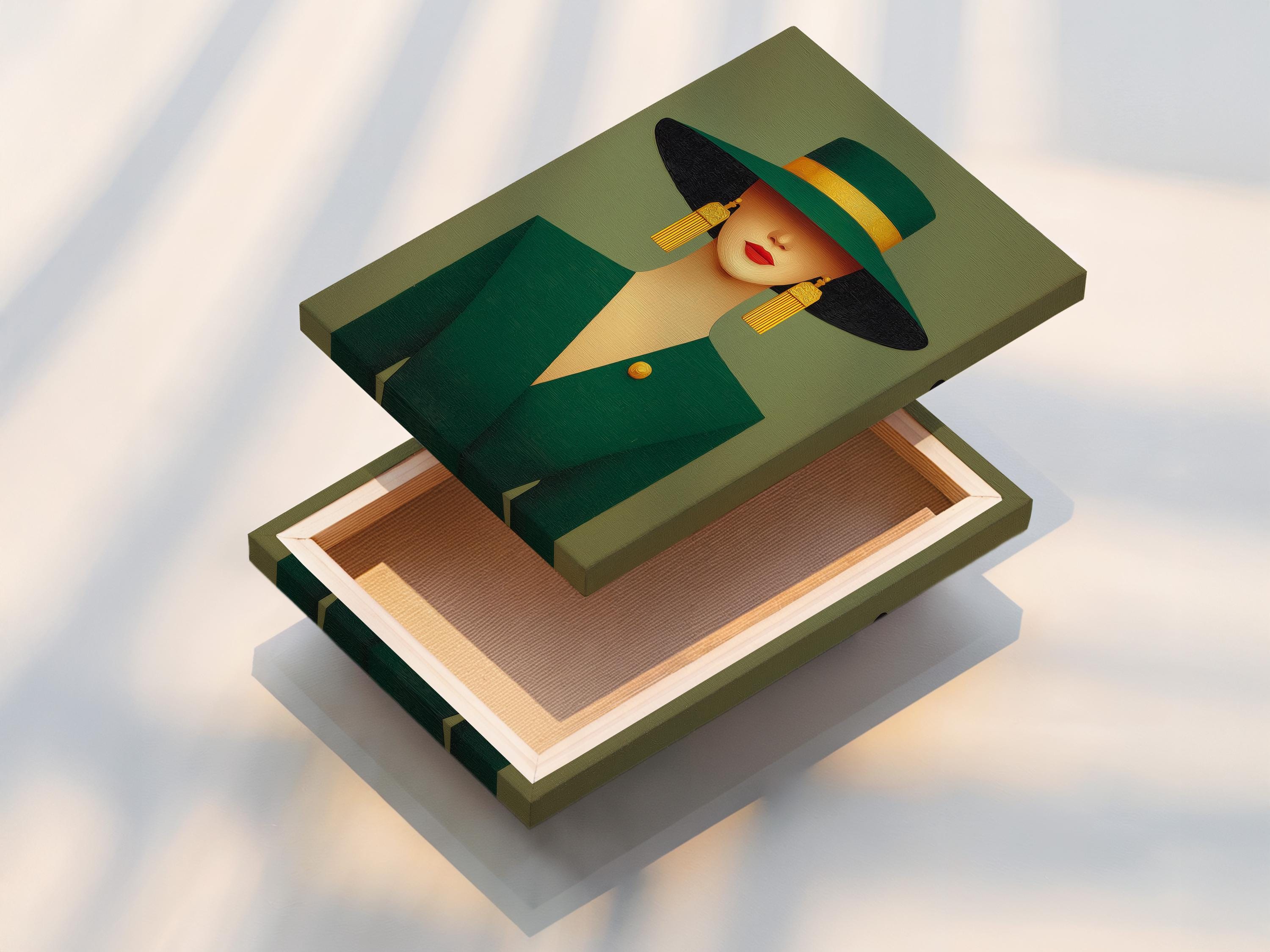 A stylised portrait of an elegant woman in a wide-brim hat, shown against a muted green background with gold accents and Art Deco-inspired shapes