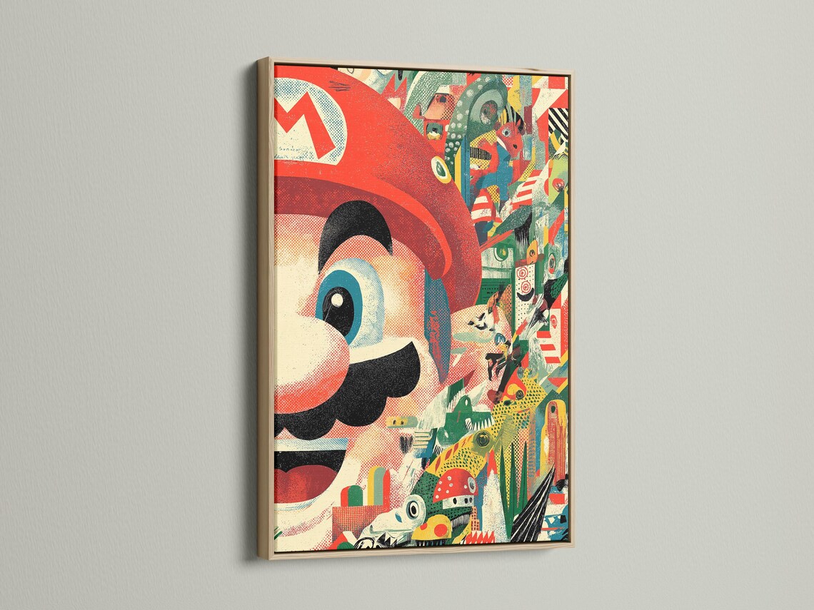 Retro gaming wall art with red and green collage design shown on a wall