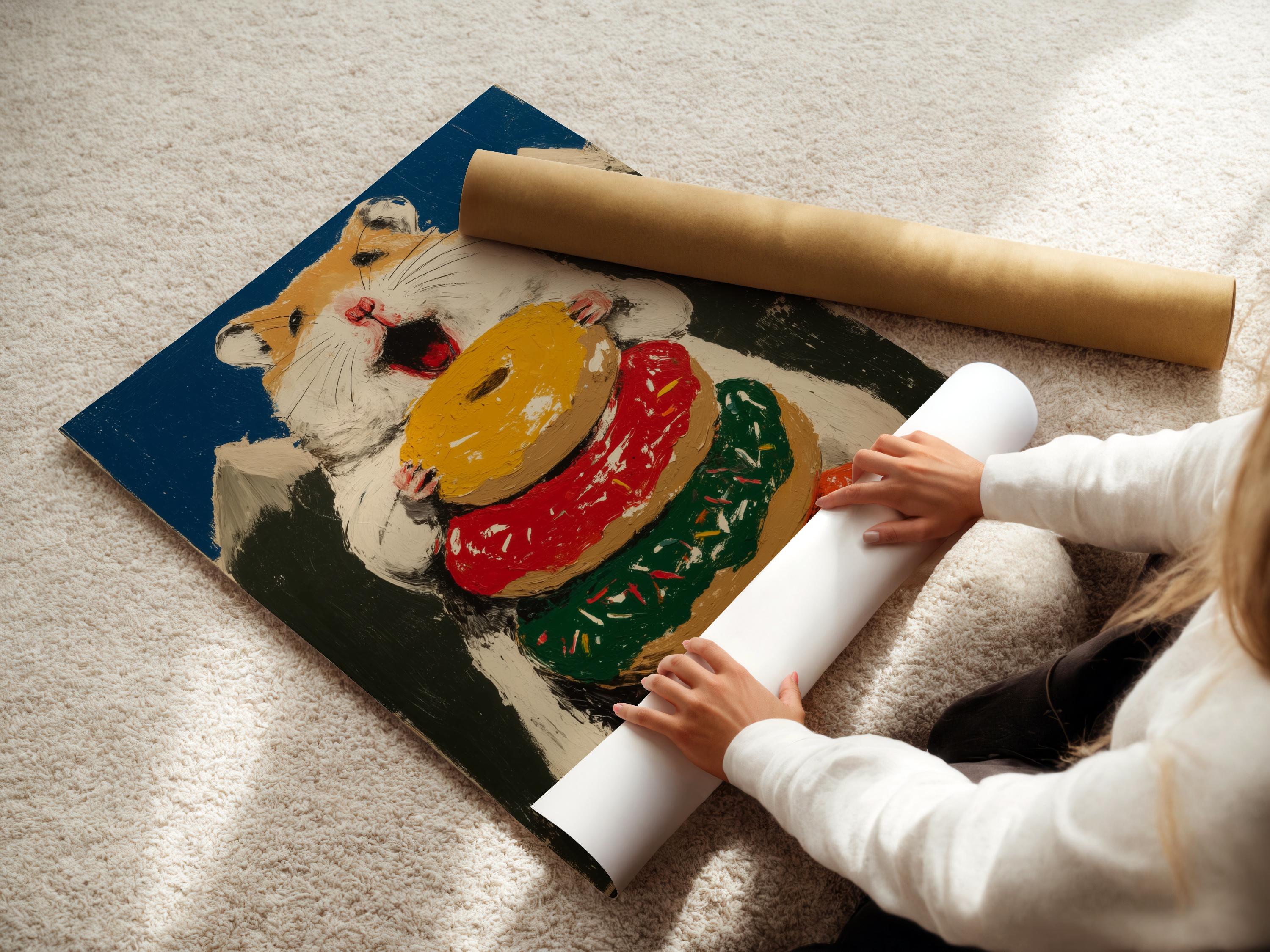 Painted hamster holding a large donut with red, green and gold accents detail view