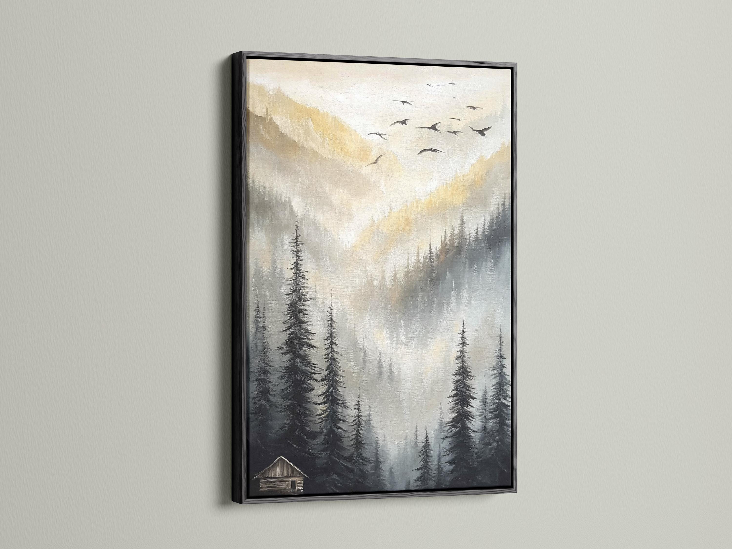 Misty mountain landscape artwork with pine tree silhouettes and birds in the sky detail view
