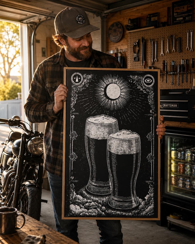 Black-and-white illustration of two beer mugs with froth and decorative rays inside an ornate frame
