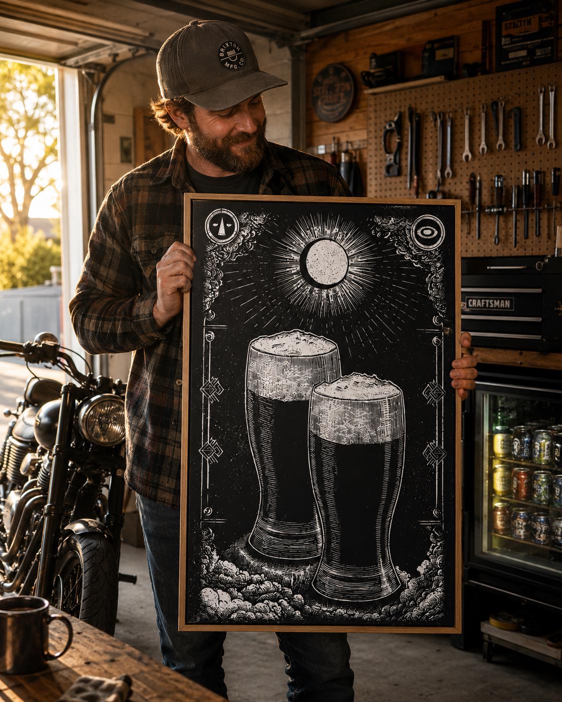 Black-and-white illustration of two beer mugs with froth and decorative rays inside an ornate frame