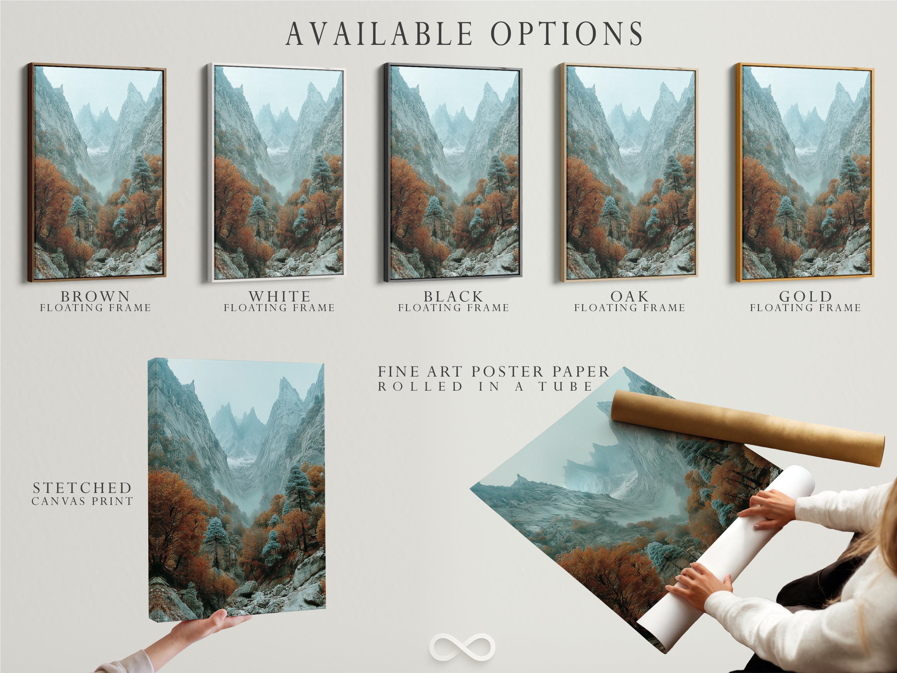 Misty mountain valley with rocky cliffs, autumn trees, and teal-grey peaks detail view