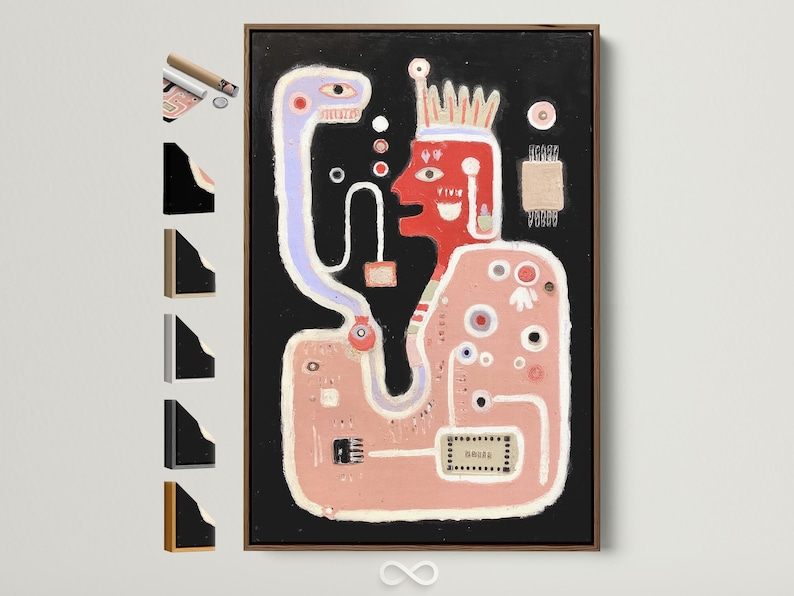 Abstract odd face illustration with dusty pink and light blue outlines on a dark background