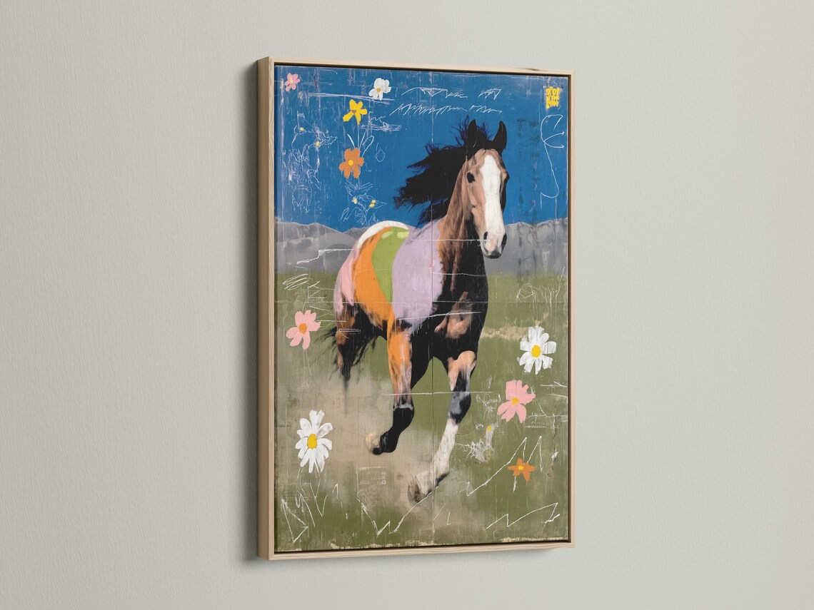Running horse artwork with flowers and white scribble linework on blue and green background detail view