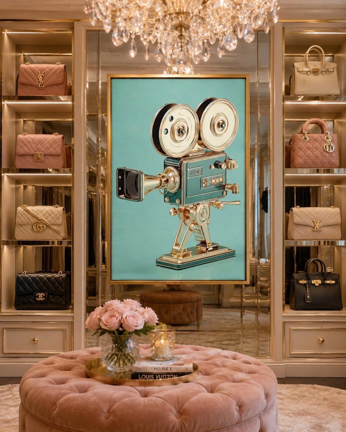 Woman standing beside a framed vintage film camera illustration on a teal background