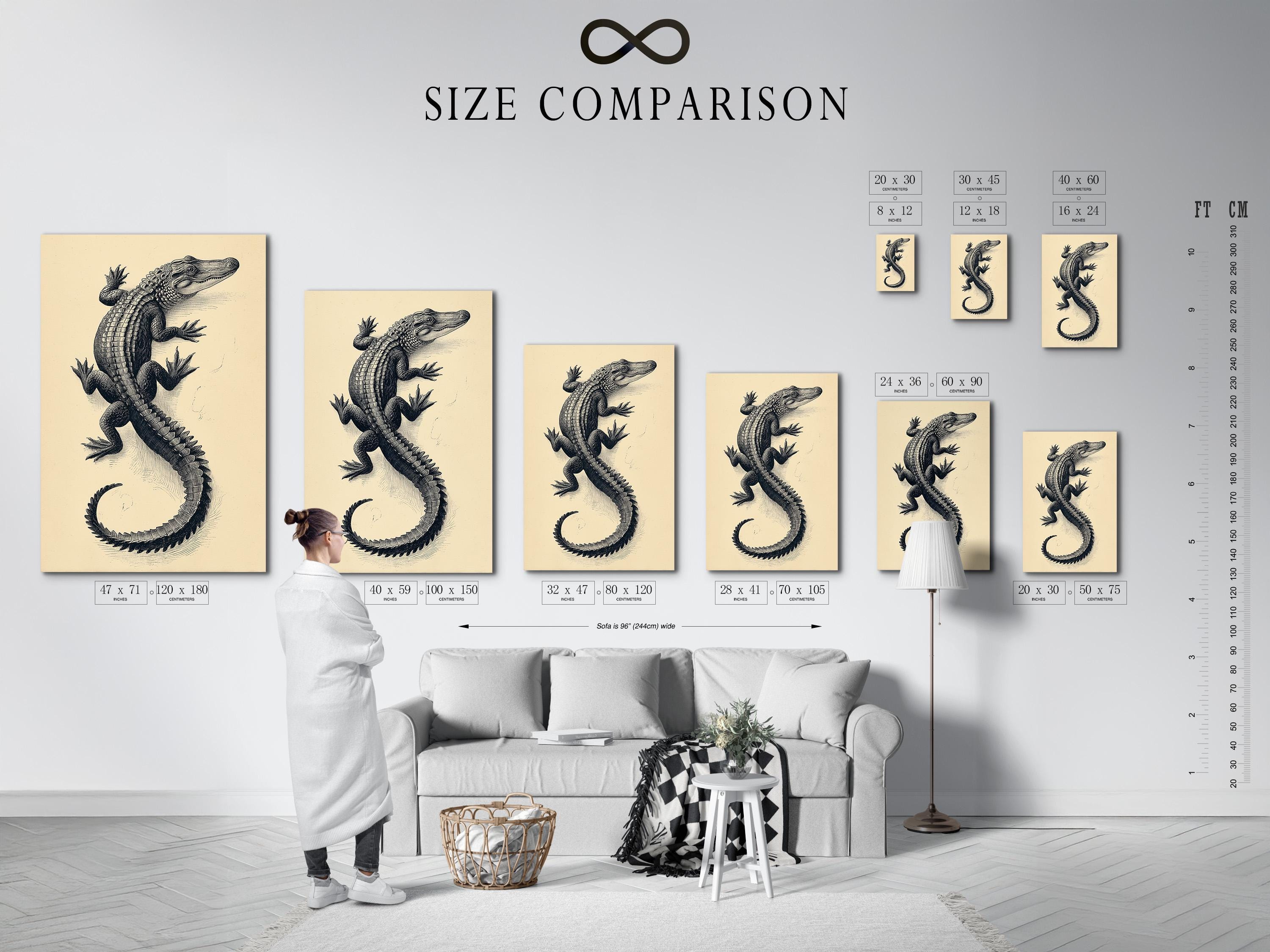Room mockup showing framed alligator illustration above a wooden desk