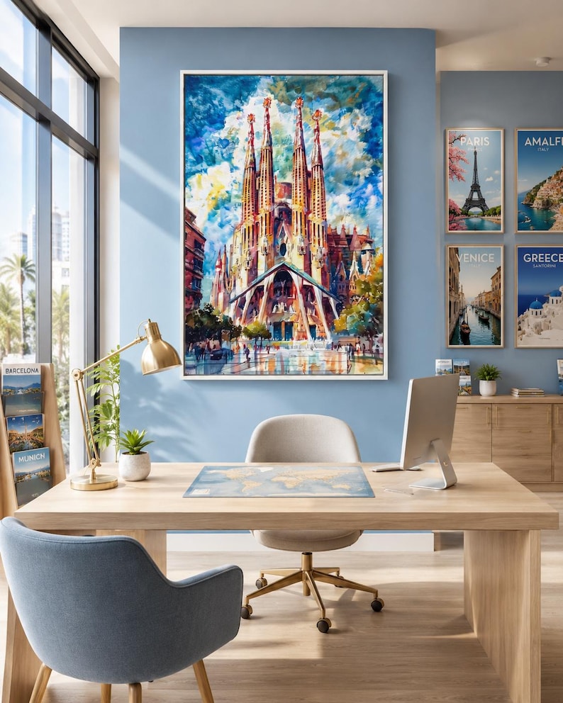 Colourful painterly cathedral with tall spires against a blue, cloud-filled sky