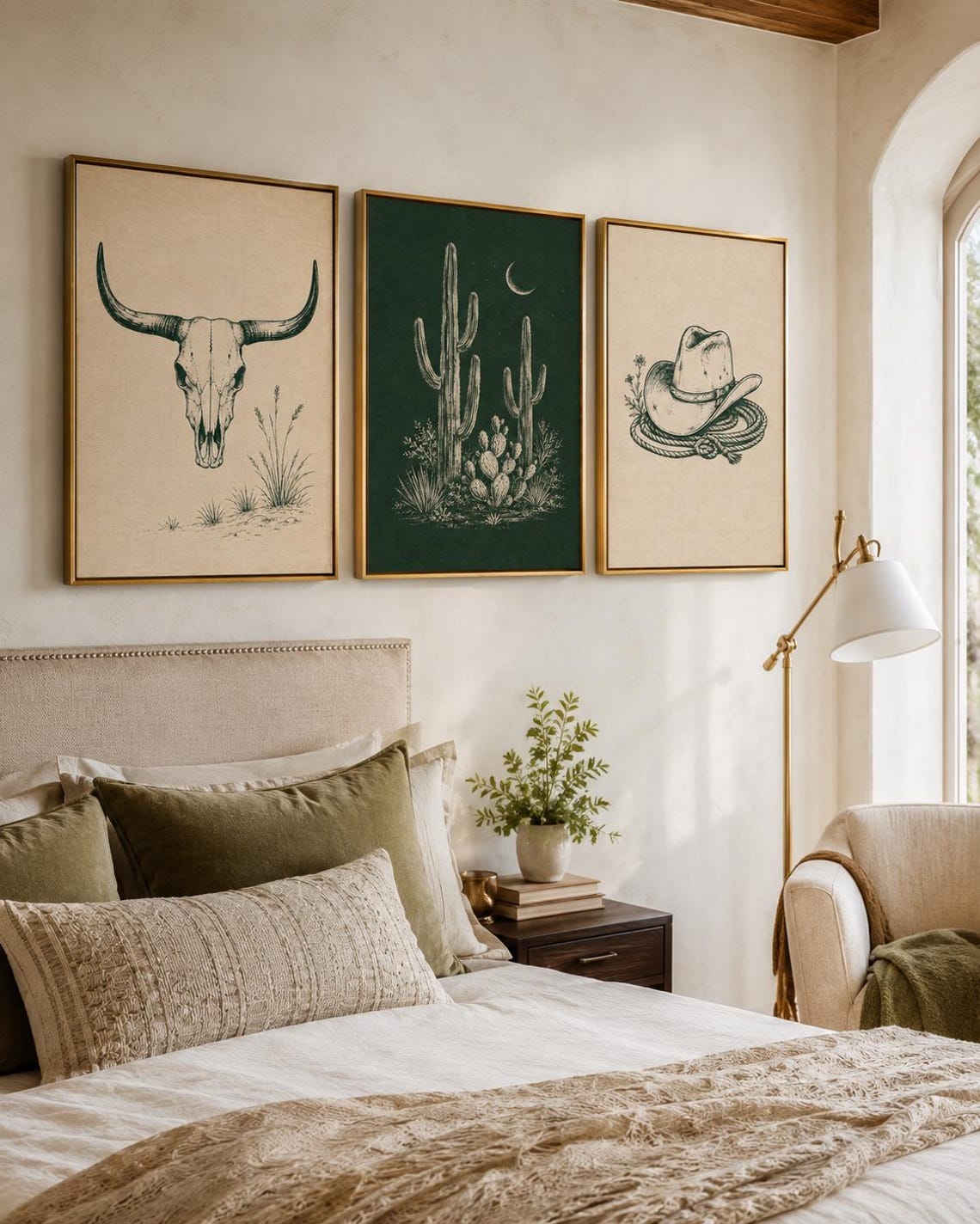Western framed wall art set displayed above a wooden sideboard with a person standing nearby