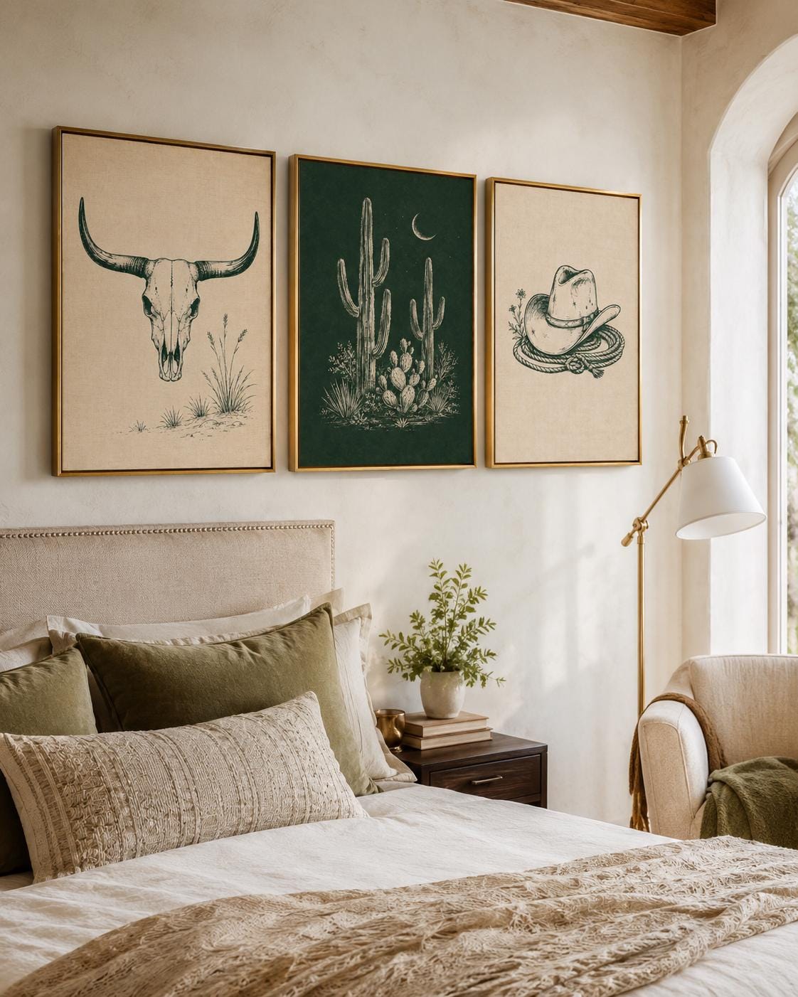 Western framed wall art set displayed above a wooden sideboard with a person standing nearby