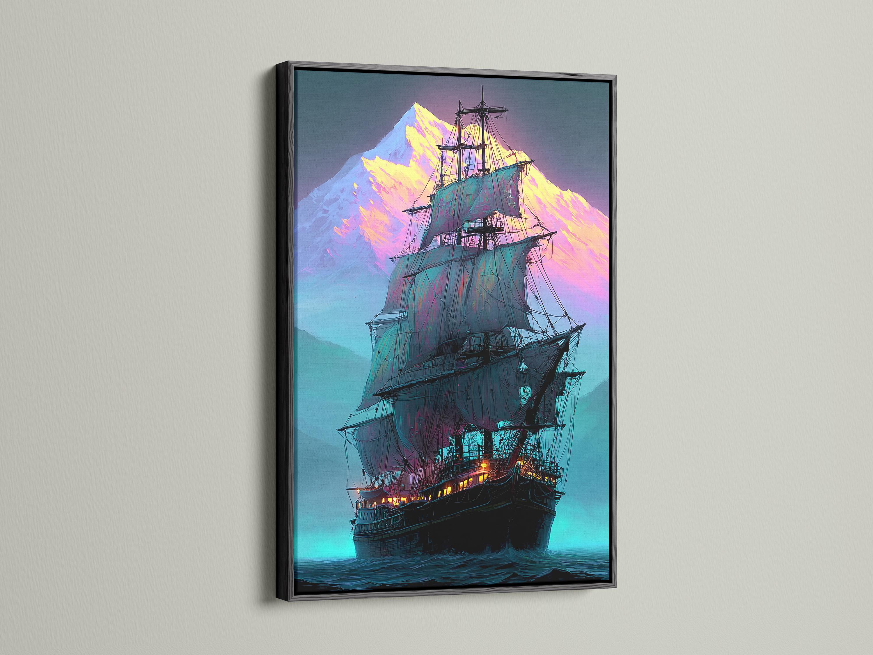 Neon-coloured sailing ship with teal ocean waves and glowing purple mountains detail view