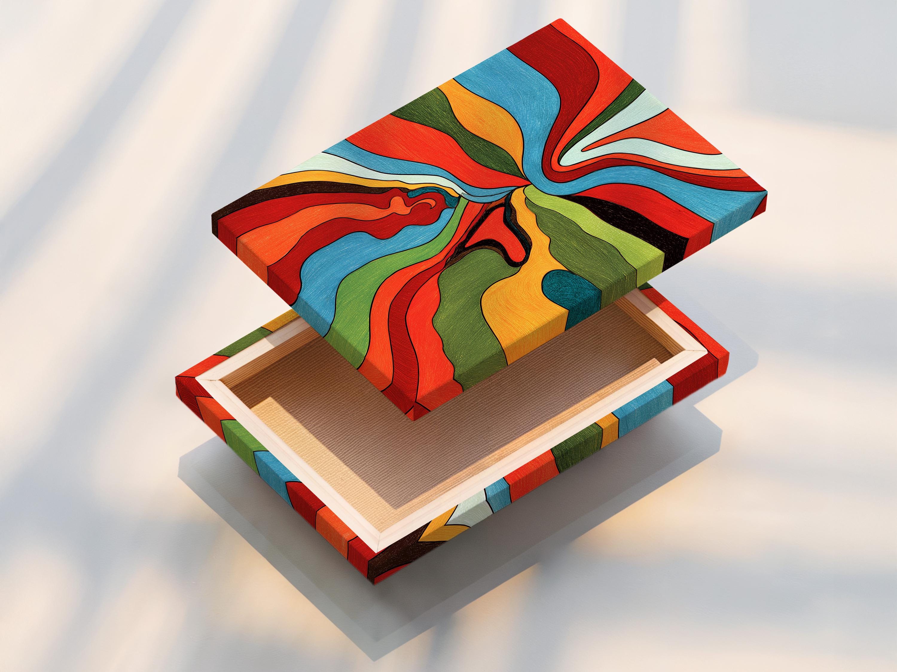 Room mockup featuring a framed abstract wave artwork in red, blue, green and orange