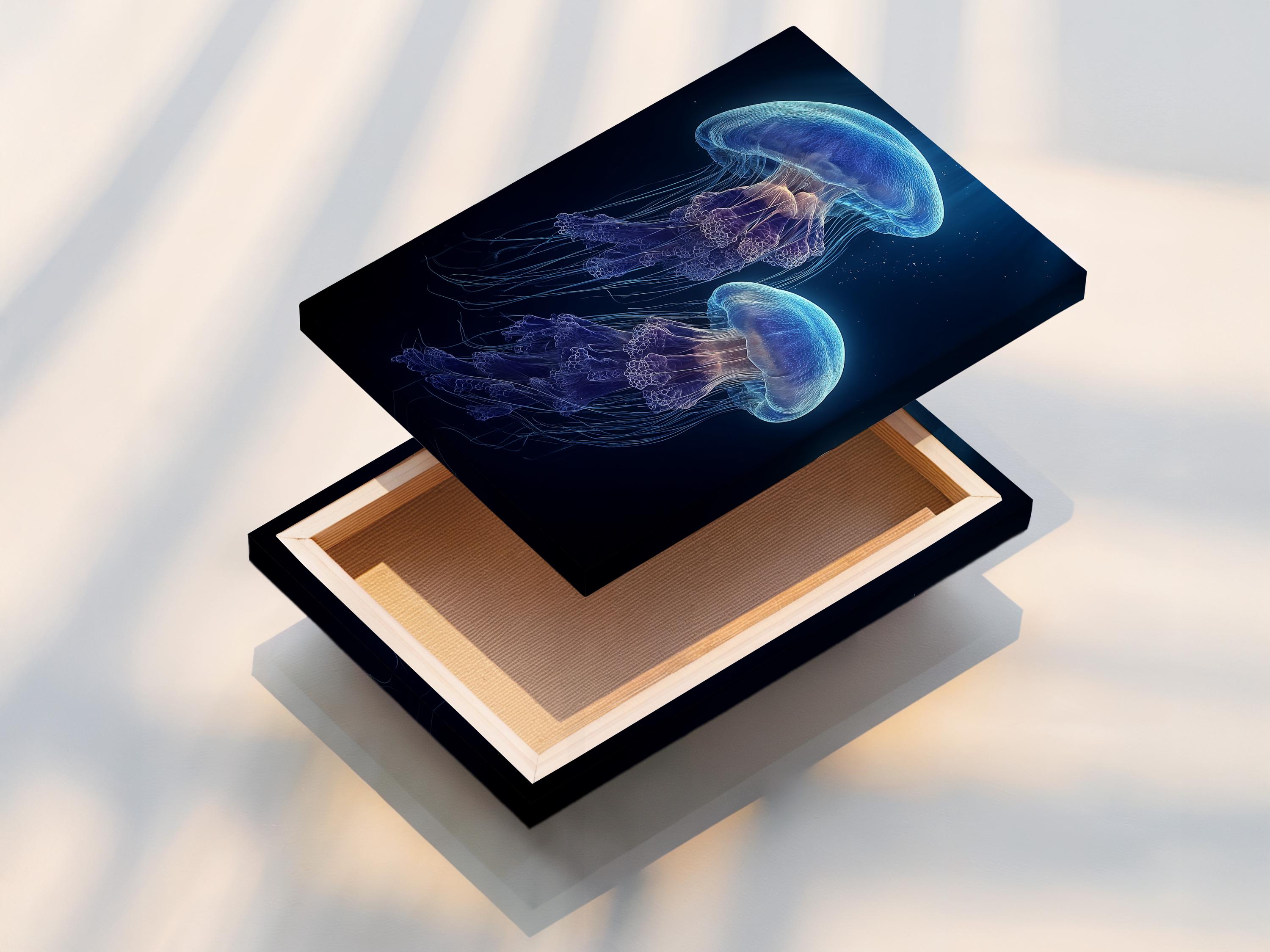 Room mockup showing a framed jellyfish artwork on a wall