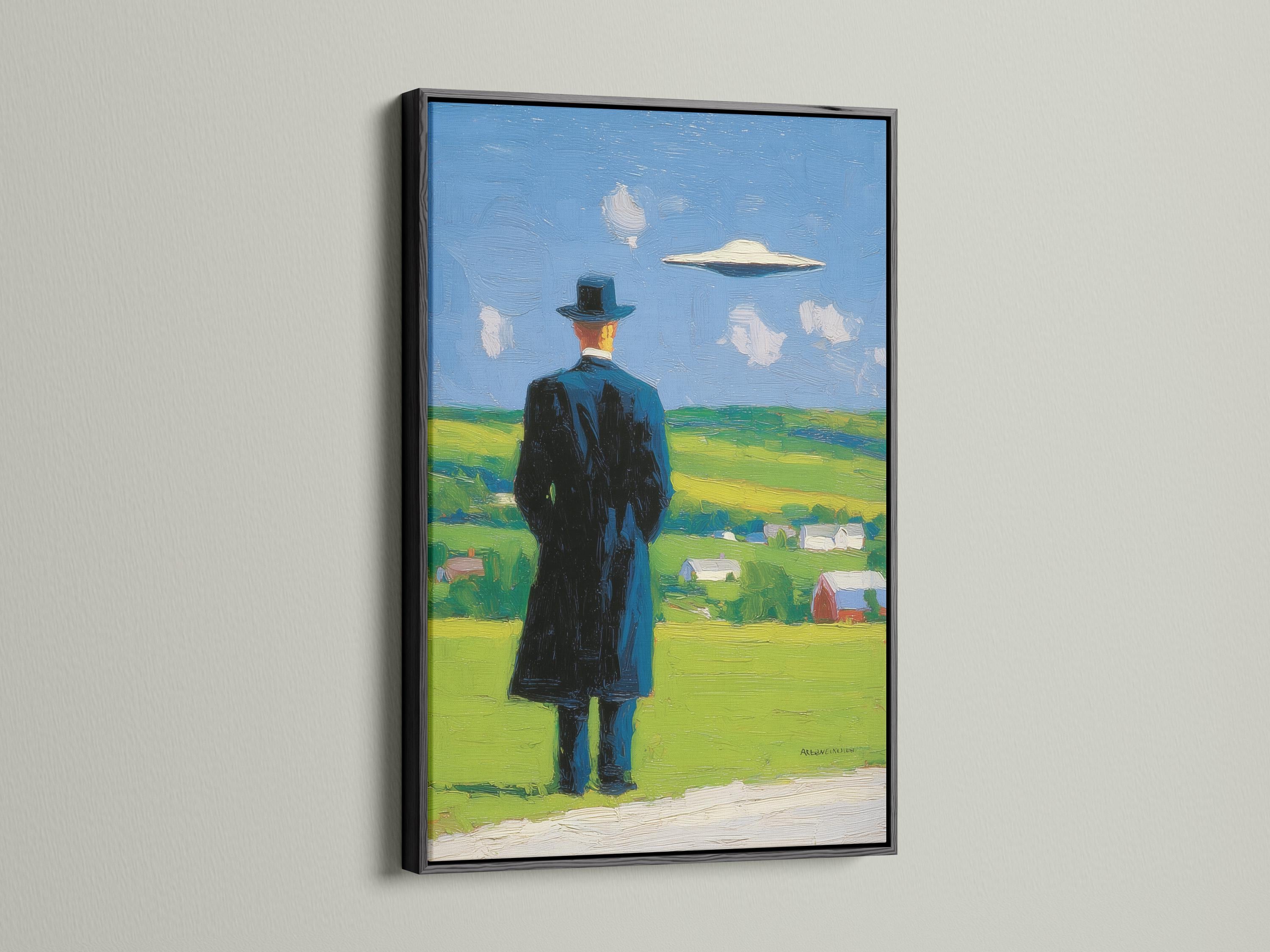 Man in a top hat looking up at a hovering UFO in a blue sky over green countryside detail view