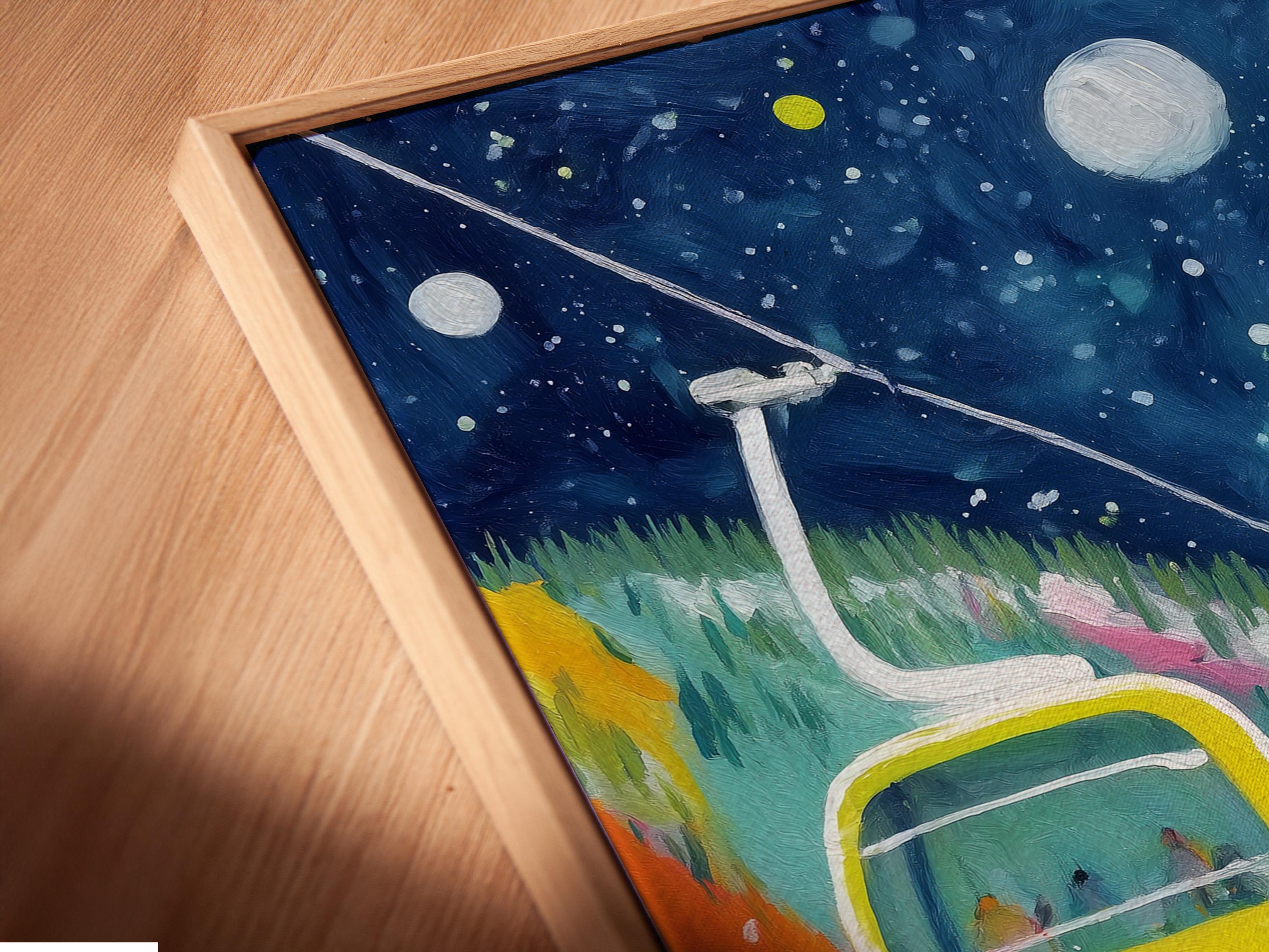 Winter ski lift artwork with gondola and cable cars over snowy slopes and a blue sky detail view