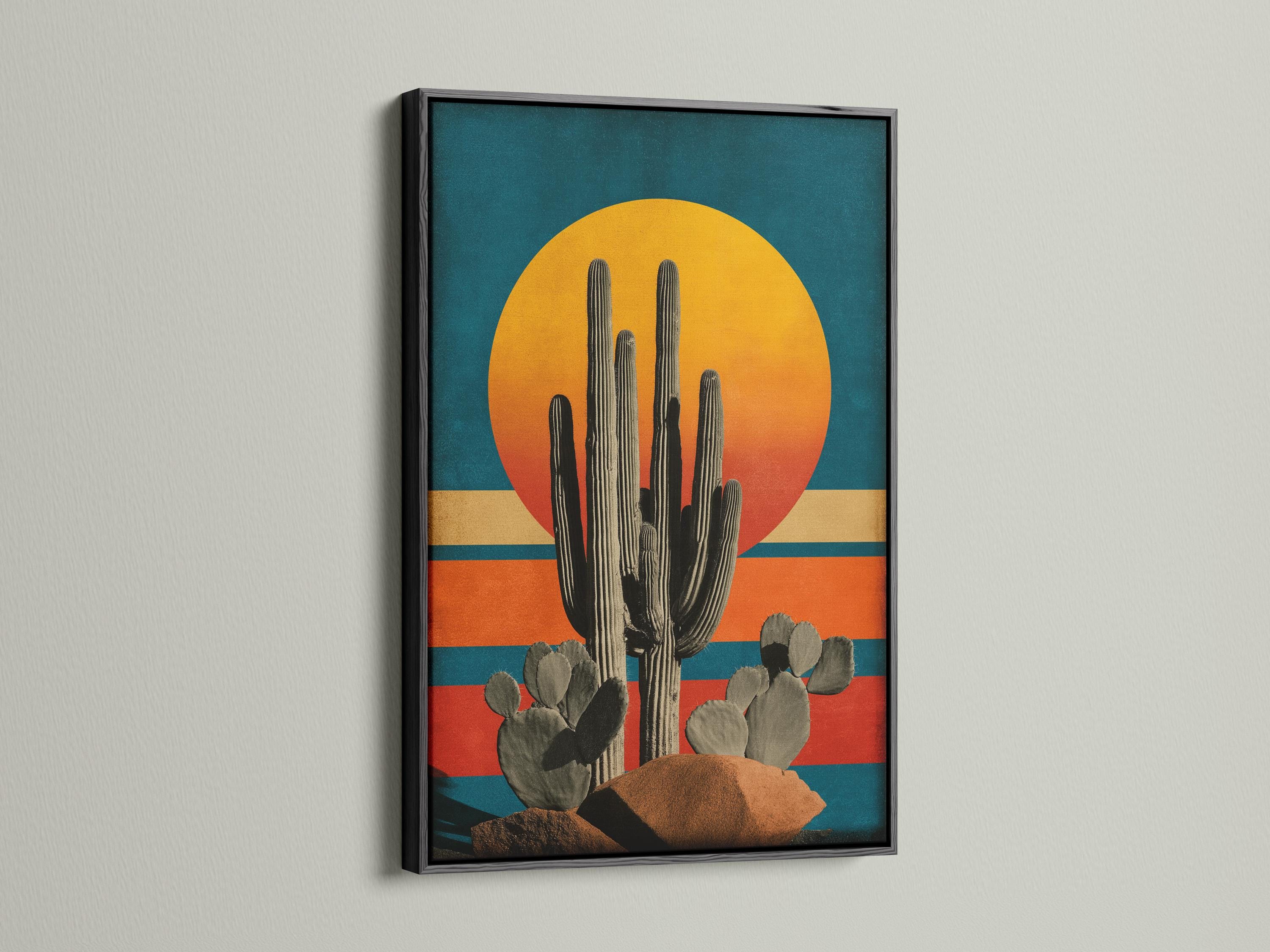 Illustration of a tall cactus with rounded pads beneath a large golden sun over teal and terracotta stripes detail view