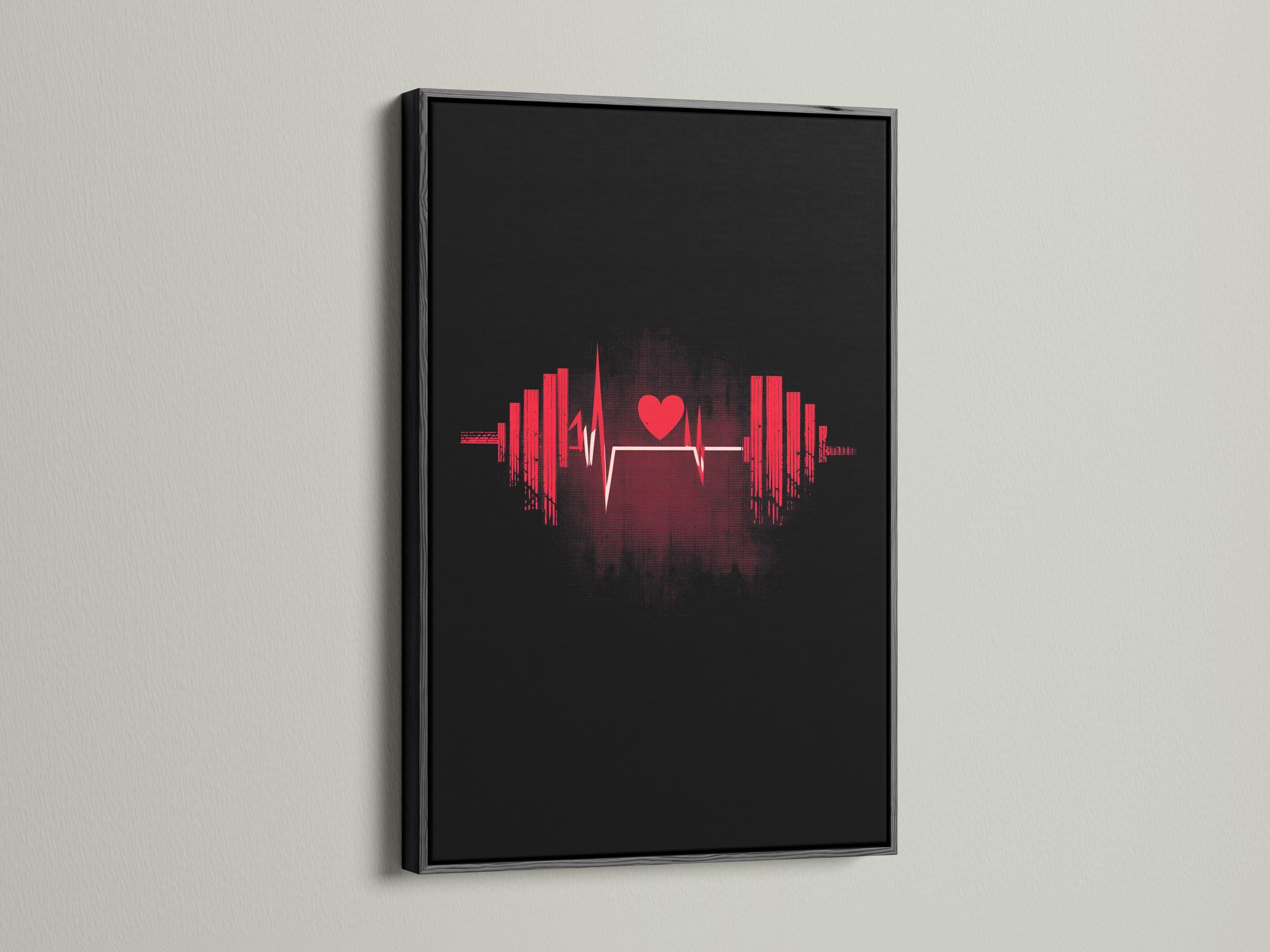 Black fitness graphic with a red heart icon, pulse waveform line and symmetrical vertical bars detail view