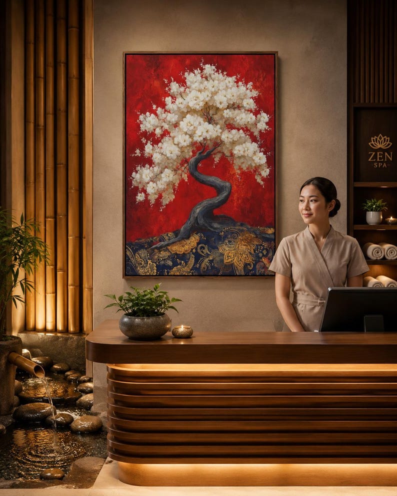 Cherry blossom tree artwork on a deep red background with white blossoms and gold ornate swirls