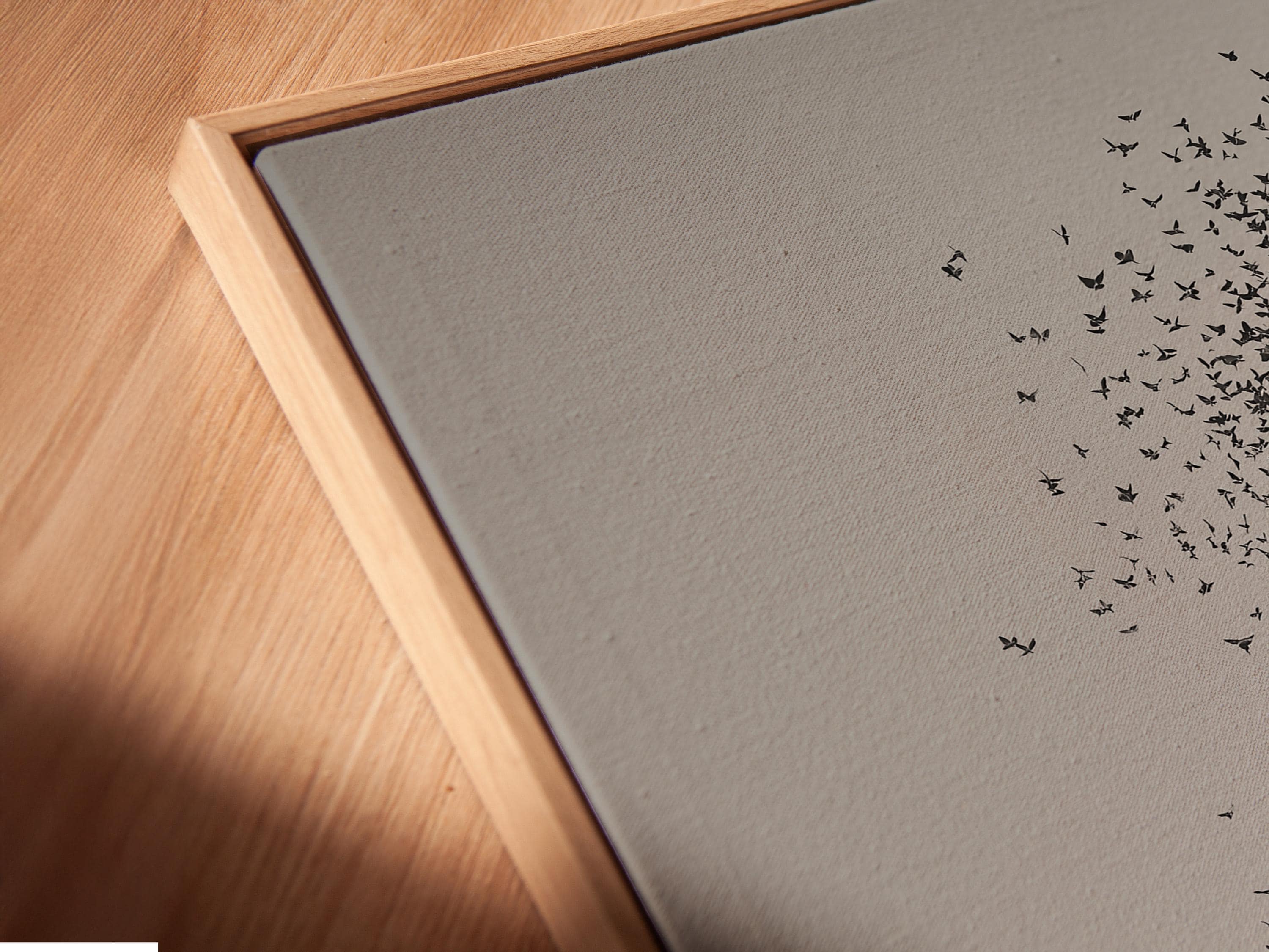 Black-and-white surreal birds flying forming a large bird silhouette with a standing person detail view
