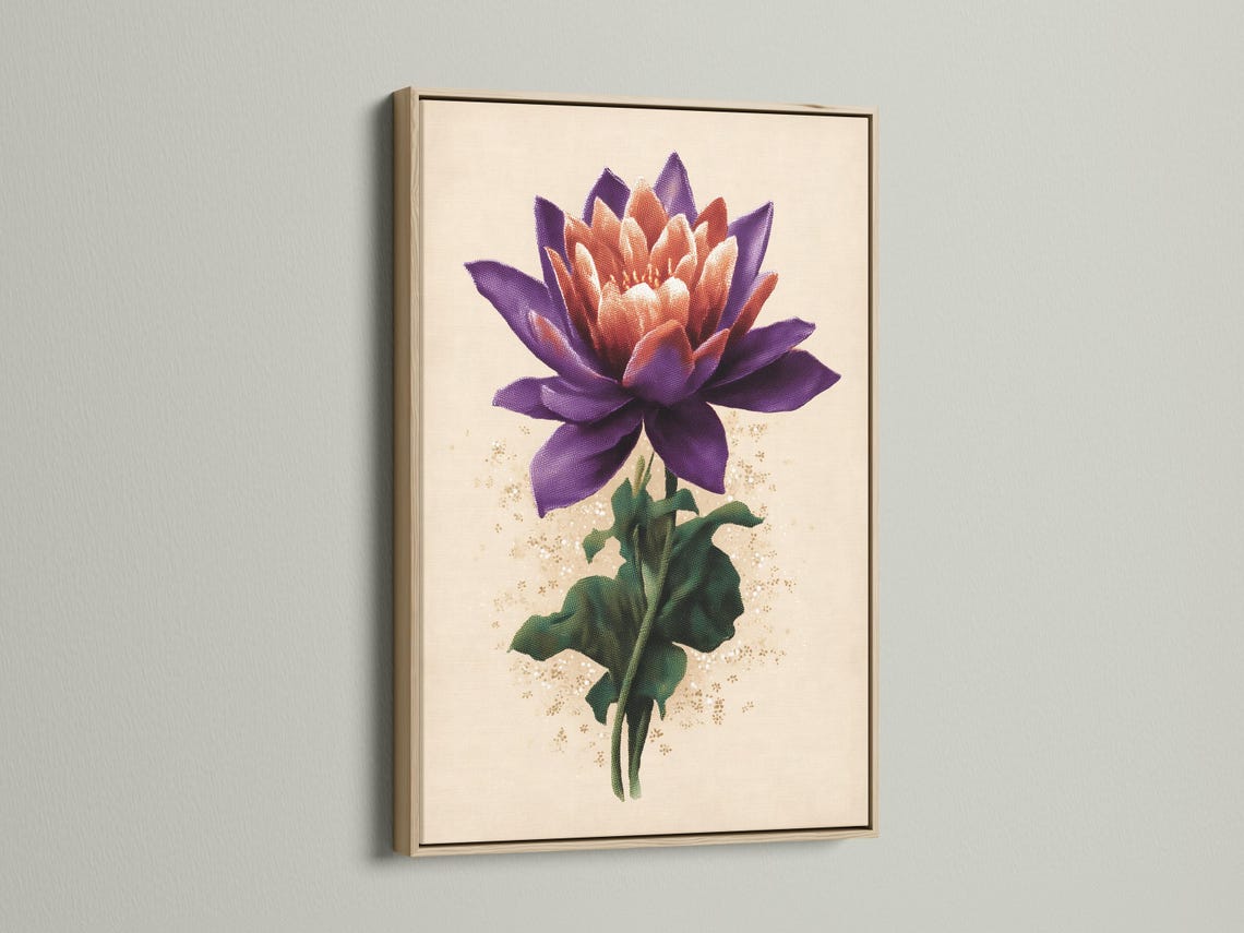 Lotus flower botanical artwork with purple petals, green leaves and gold speckles on a cream background detail view