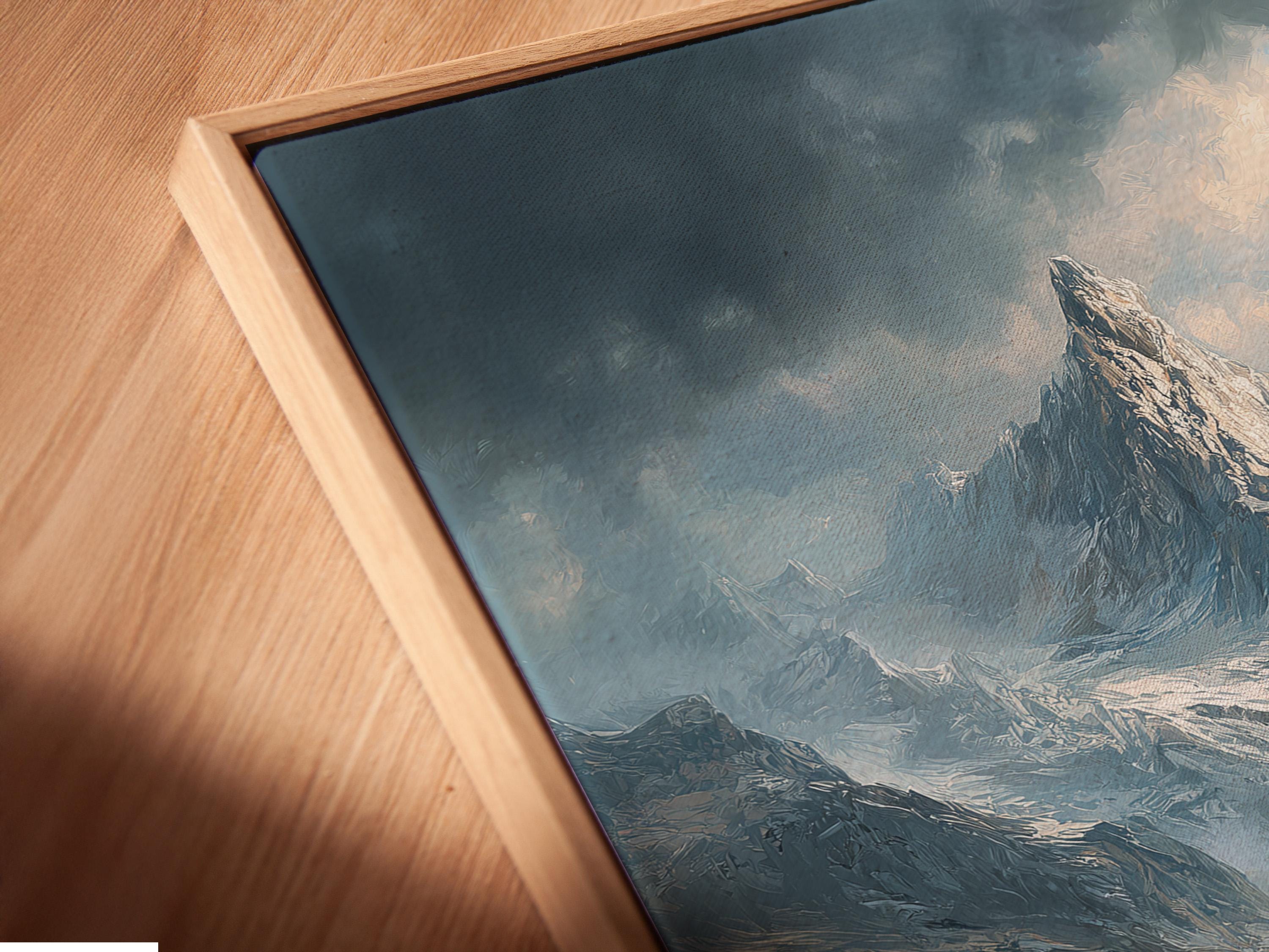 Room mockup showing a framed mountain landscape artwork on a wall