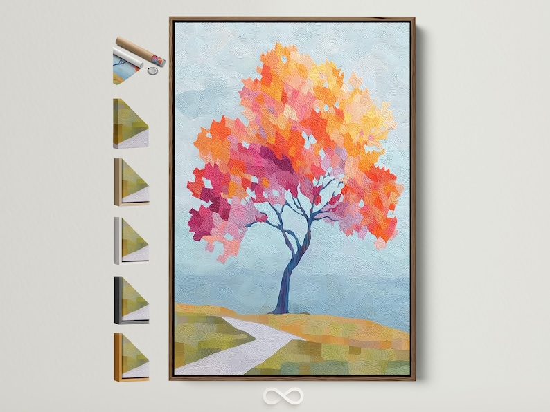 Stylised autumn tree artwork with orange, yellow and pink foliage on a textured blue background